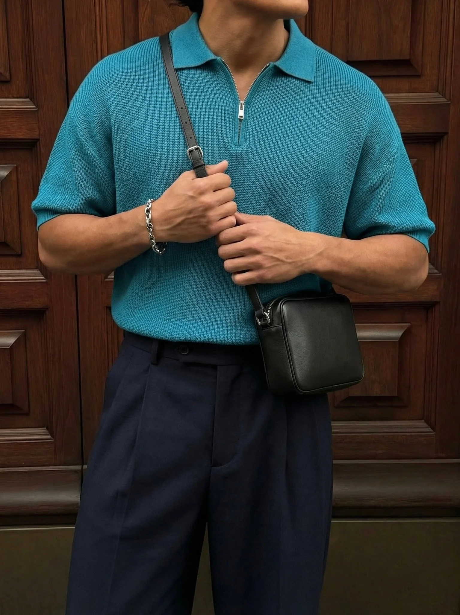 Oversize Zipper Knit Polo T-shirt - Blue - Image 2