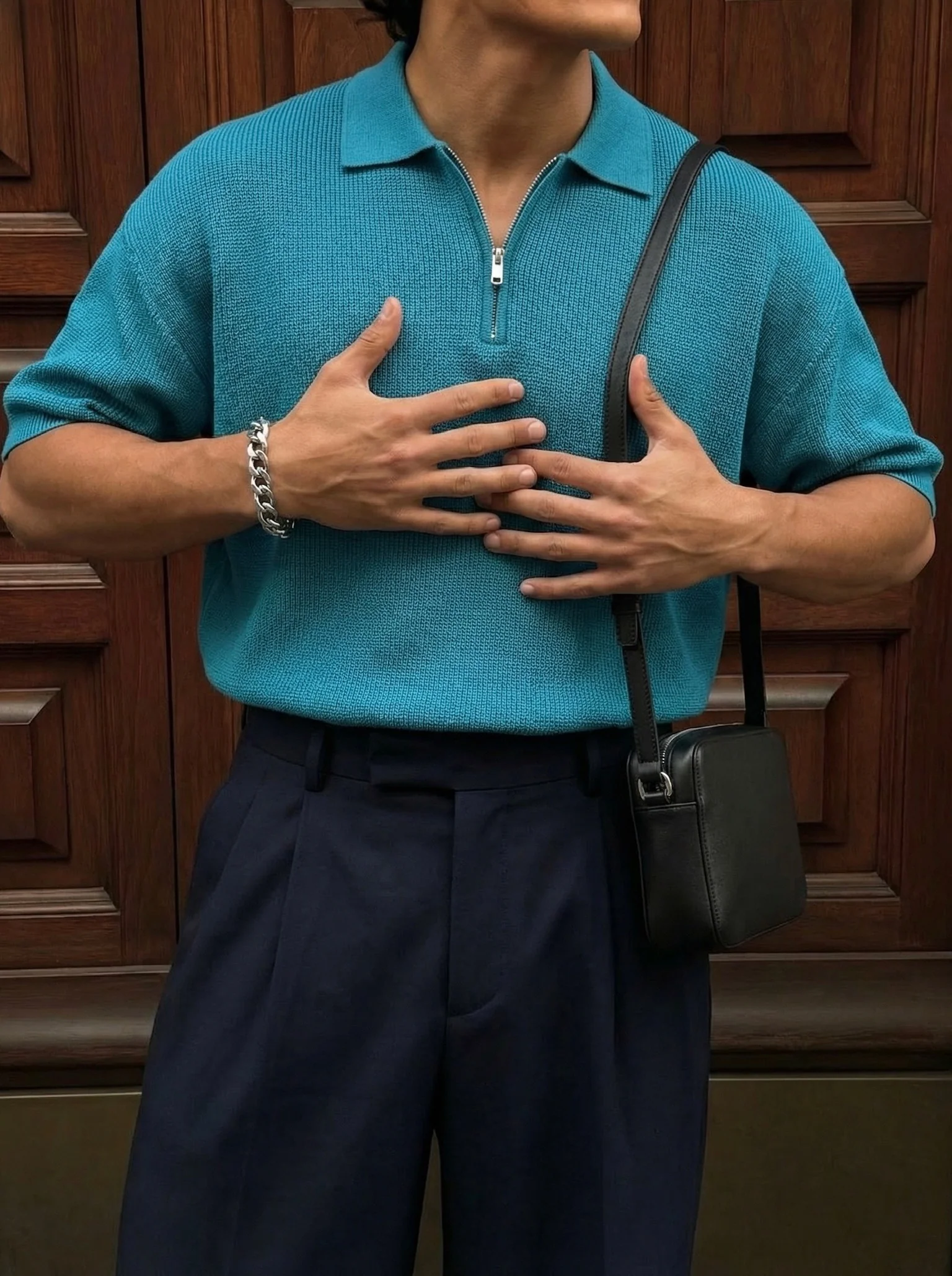 Oversize Zipper Knit Polo T-shirt - Blue - Image 3