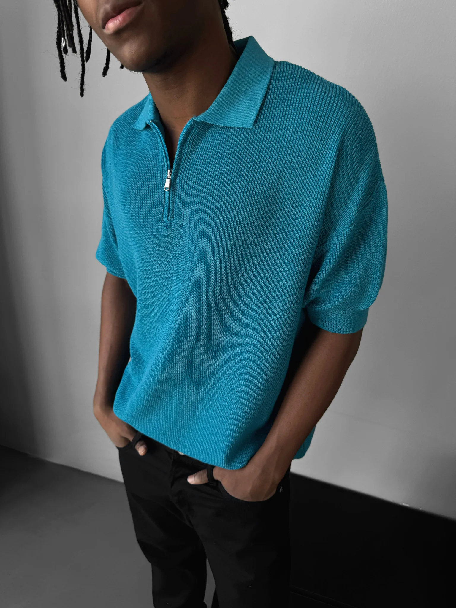 Oversize Zipper Knit Polo T-shirt - Blue - Image 4