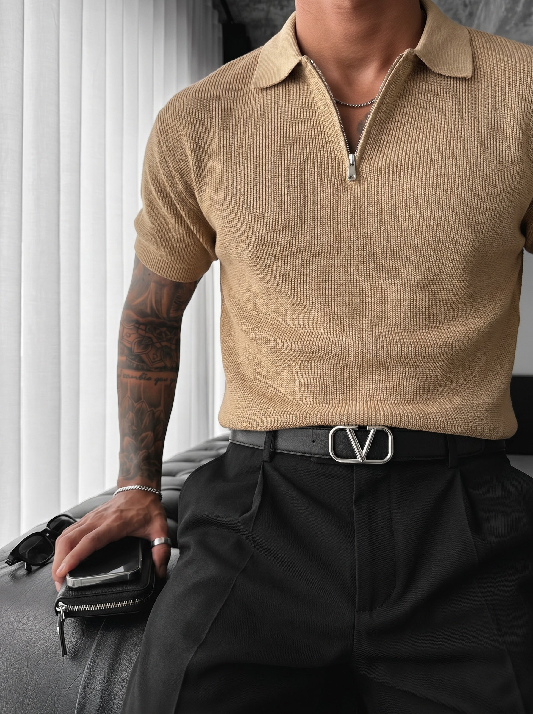 Oversize Zipper Knit Polo T-shirt - Brown