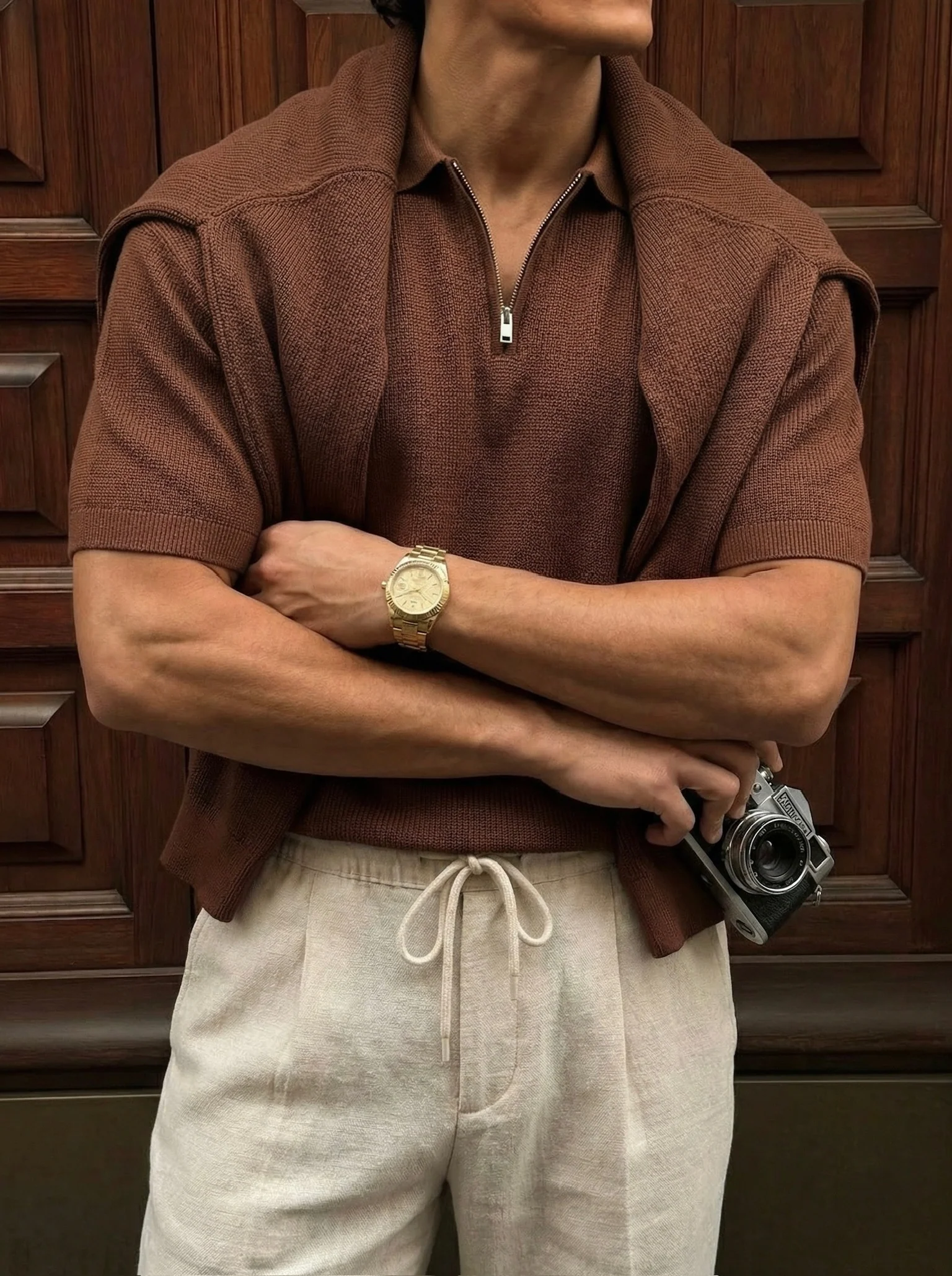 Oversize Zipper Knit Polo T-shirt - Dark Brown - Image 3