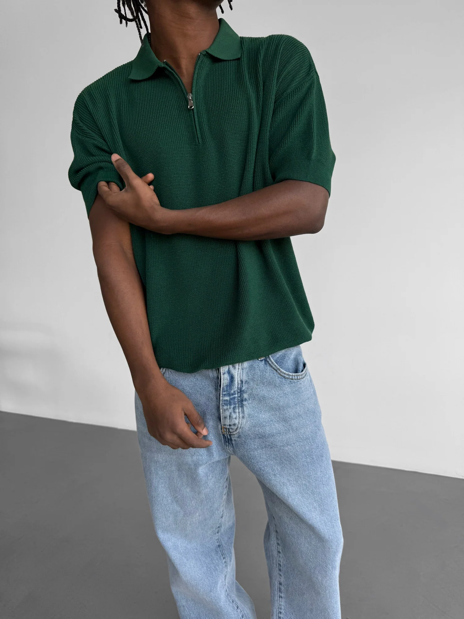 Oversize Zipper Knit Polo T-shirt - Emerald - Image 3