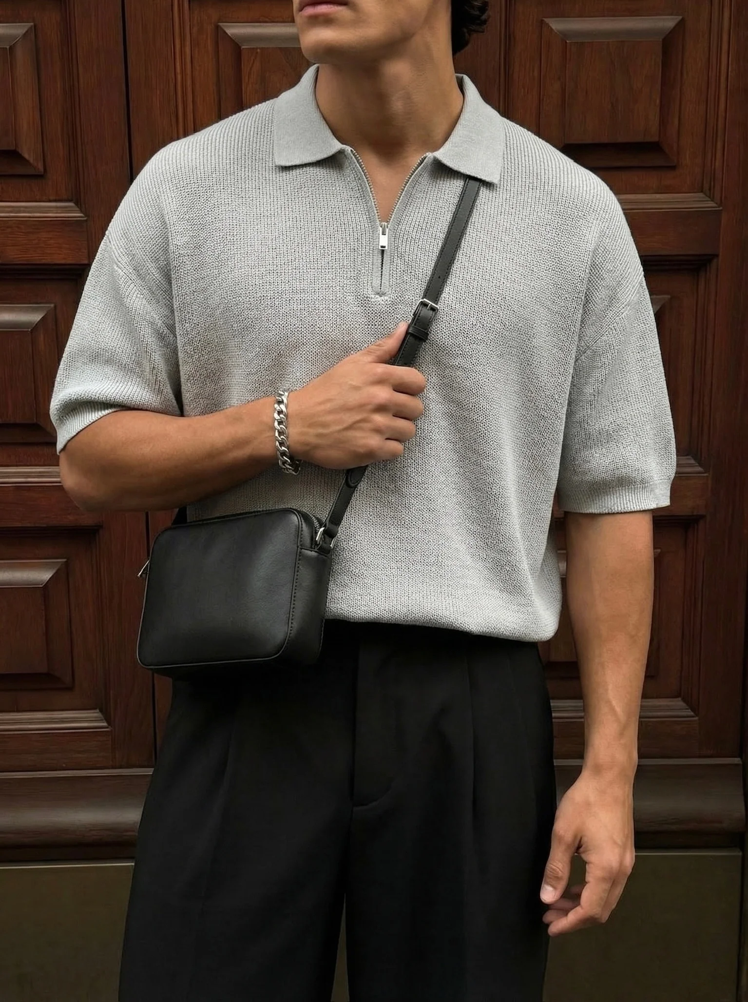 Oversize Zipper Knit Polo T-shirt - Grey