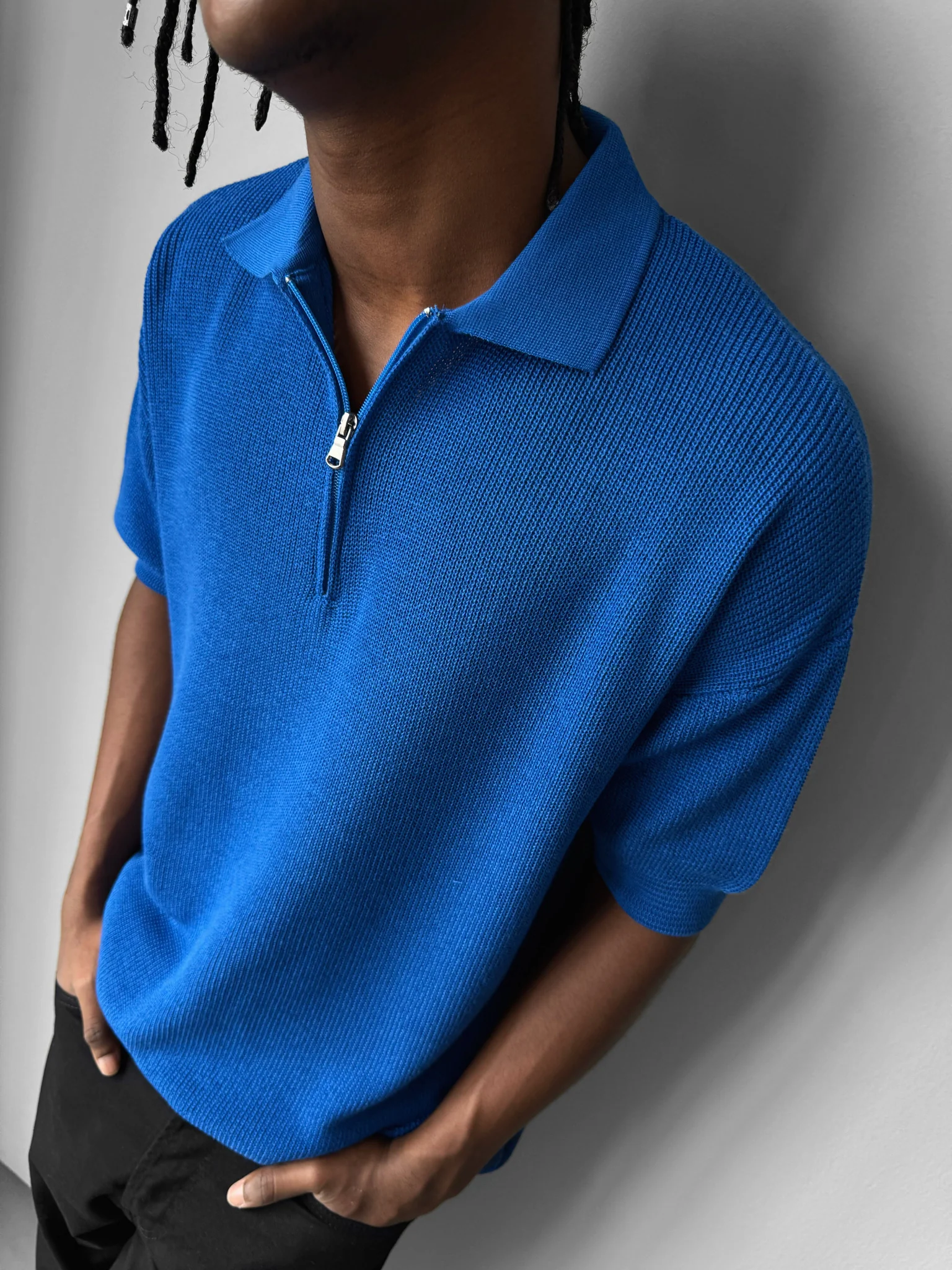 Oversize Zipper Knit Polo T-shirt - Saks - Image 2