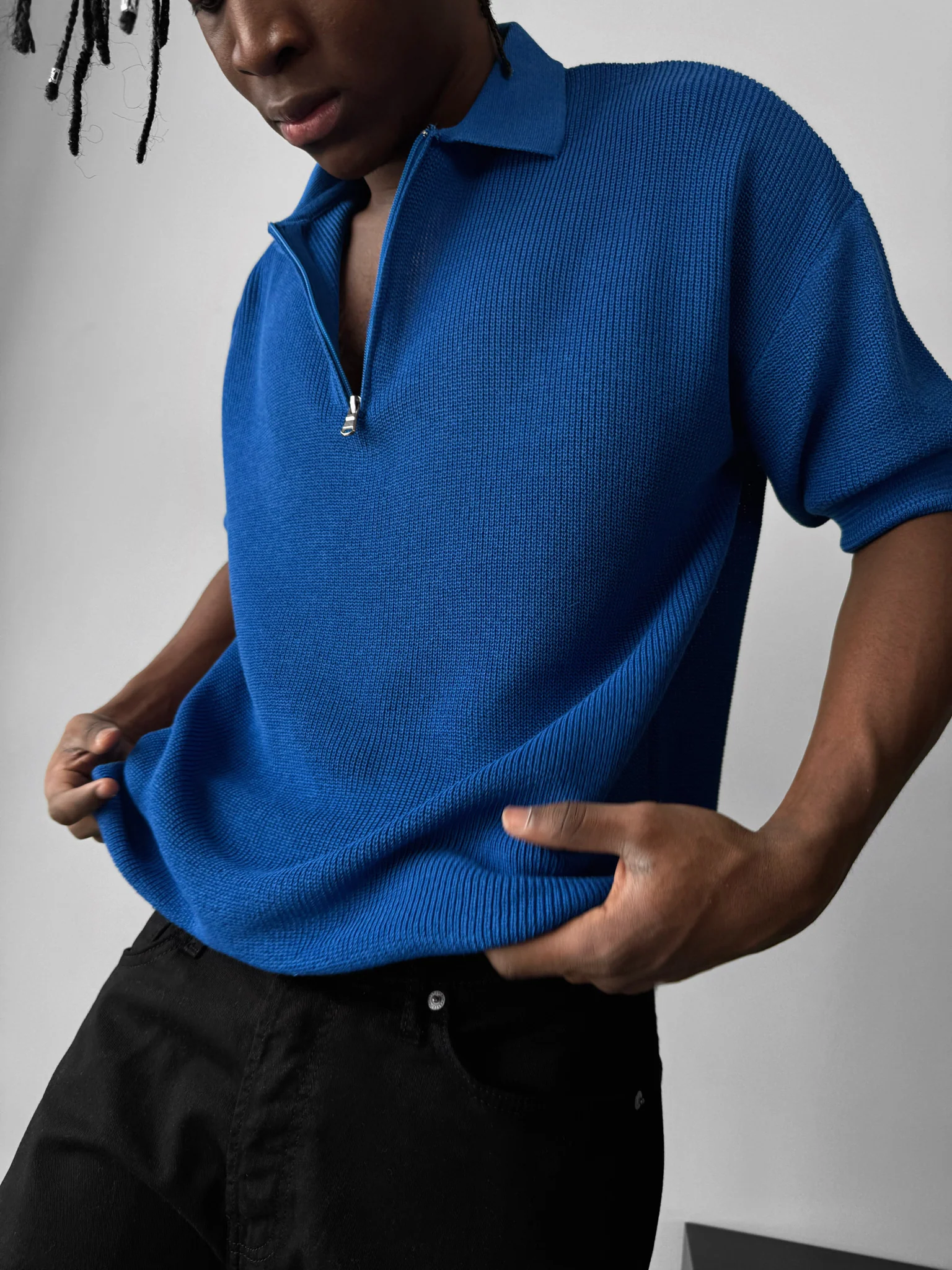 Oversize Zipper Knit Polo T-shirt - Saks - Image 3