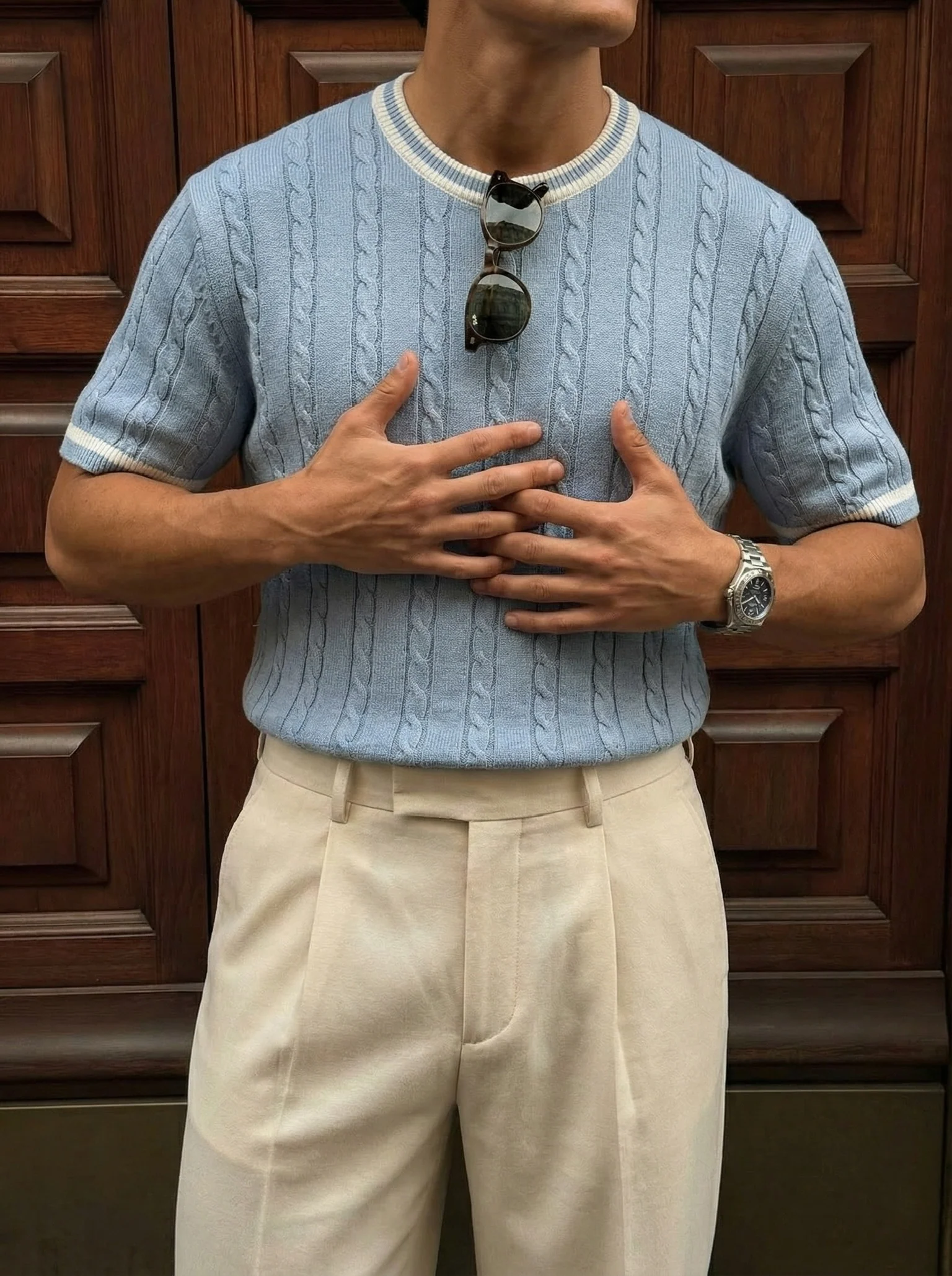 Regular Fit Braid Knit T-shirt - Babyblue - Image 2