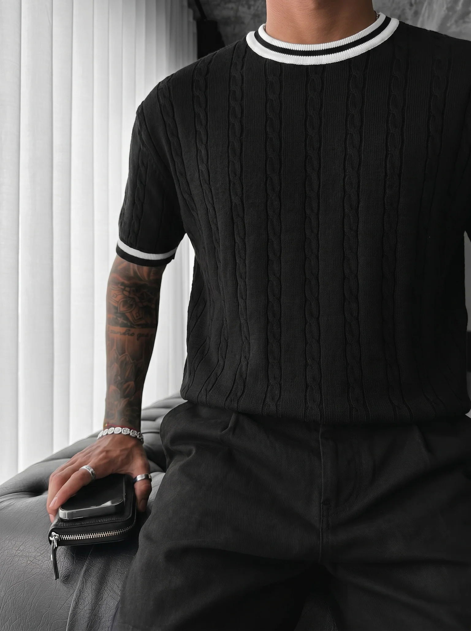 Regular Fit Braid Knit T-shirt - Black