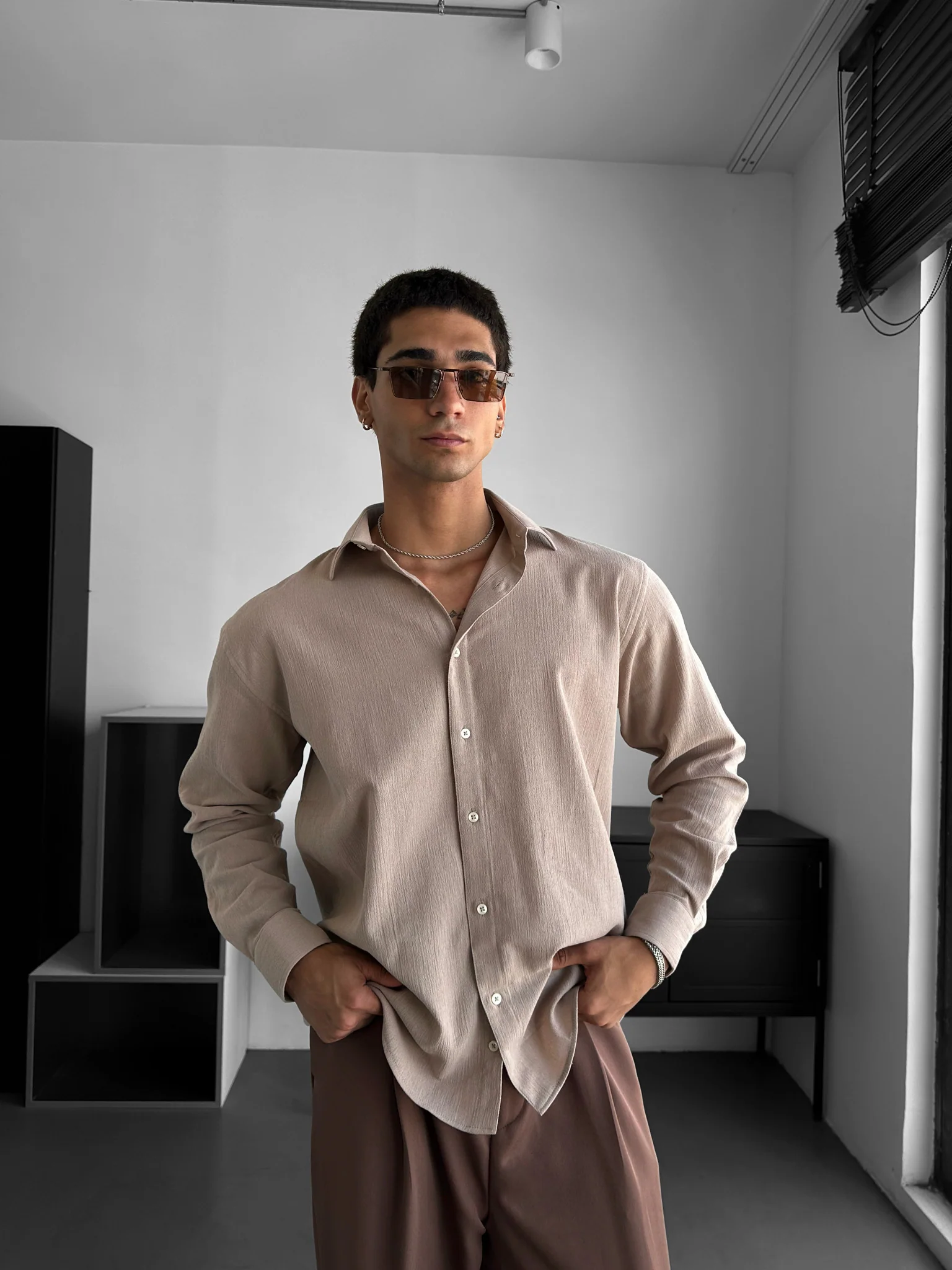 Regular Fit Cotton Shirt - Beige - Image 4