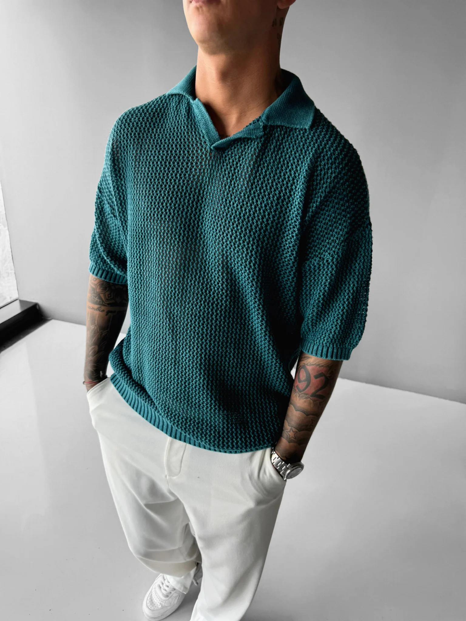 Regular Fit Knit Grid T-shirt - Deep Lagoon - Image 2