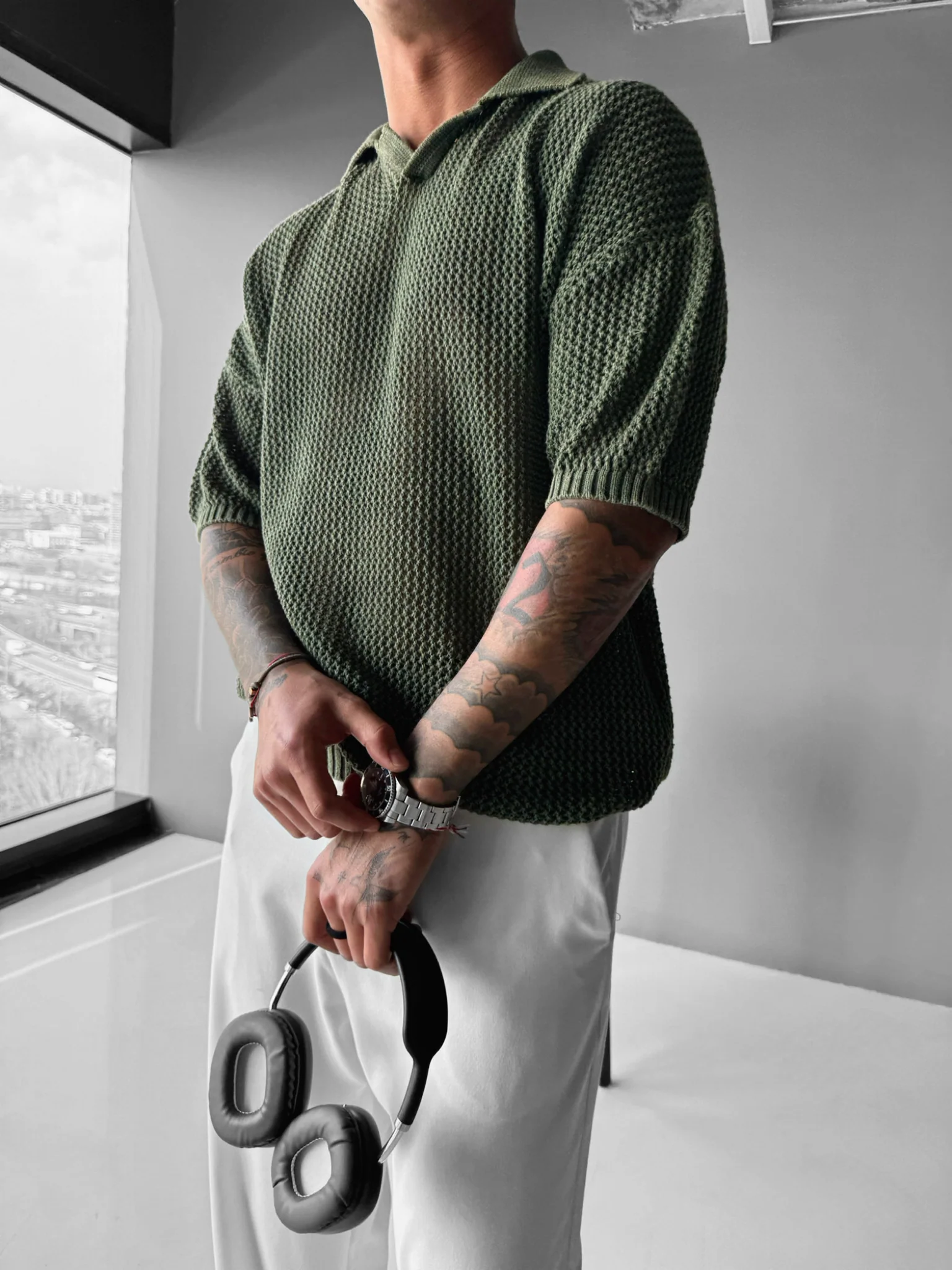 Regular Fit Knit Grid T-shirt - Fern
