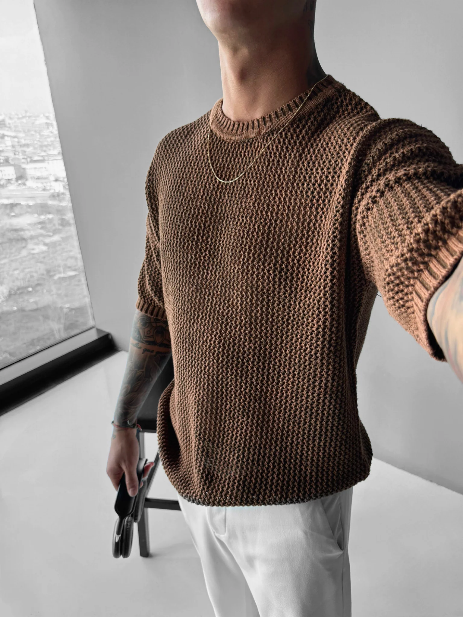 Regular Fit Knit Grid T-shirt - Ochre - Image 2