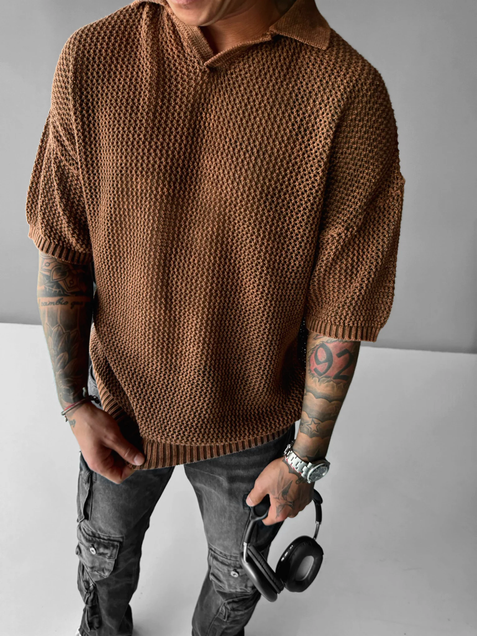 Regular Fit Knit Grid T-shirt - Ochre - Image 3