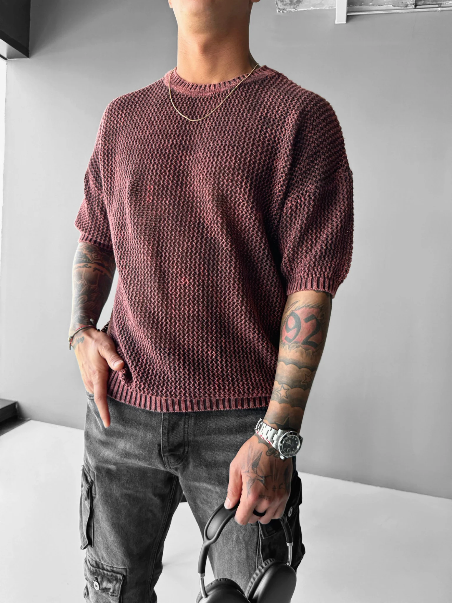 Regular Fit Knit Grid T-shirt - Plum Perfect - Image 5