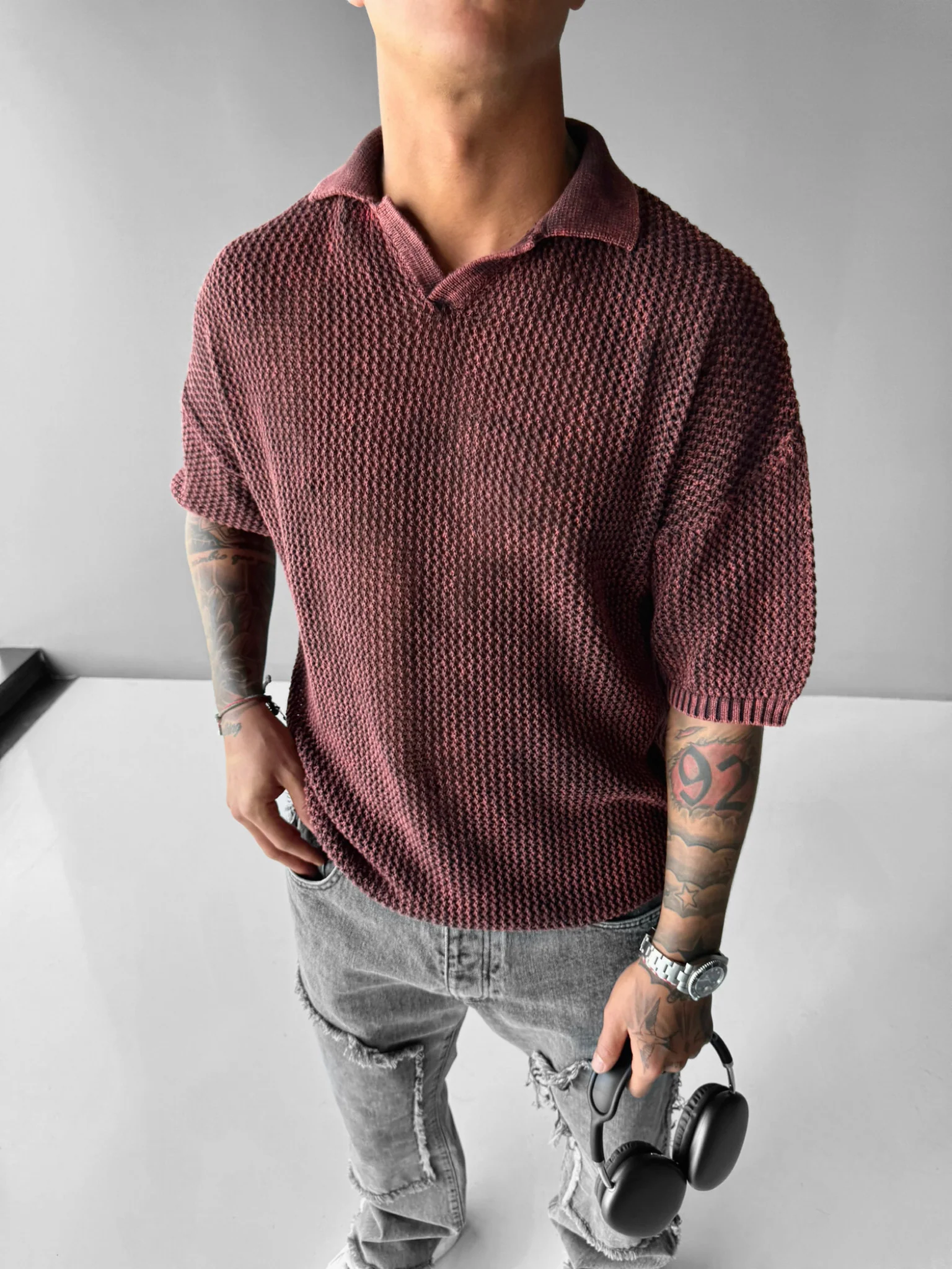 Regular Fit Knit Grid T-shirt - Plum Perfect - Image 2
