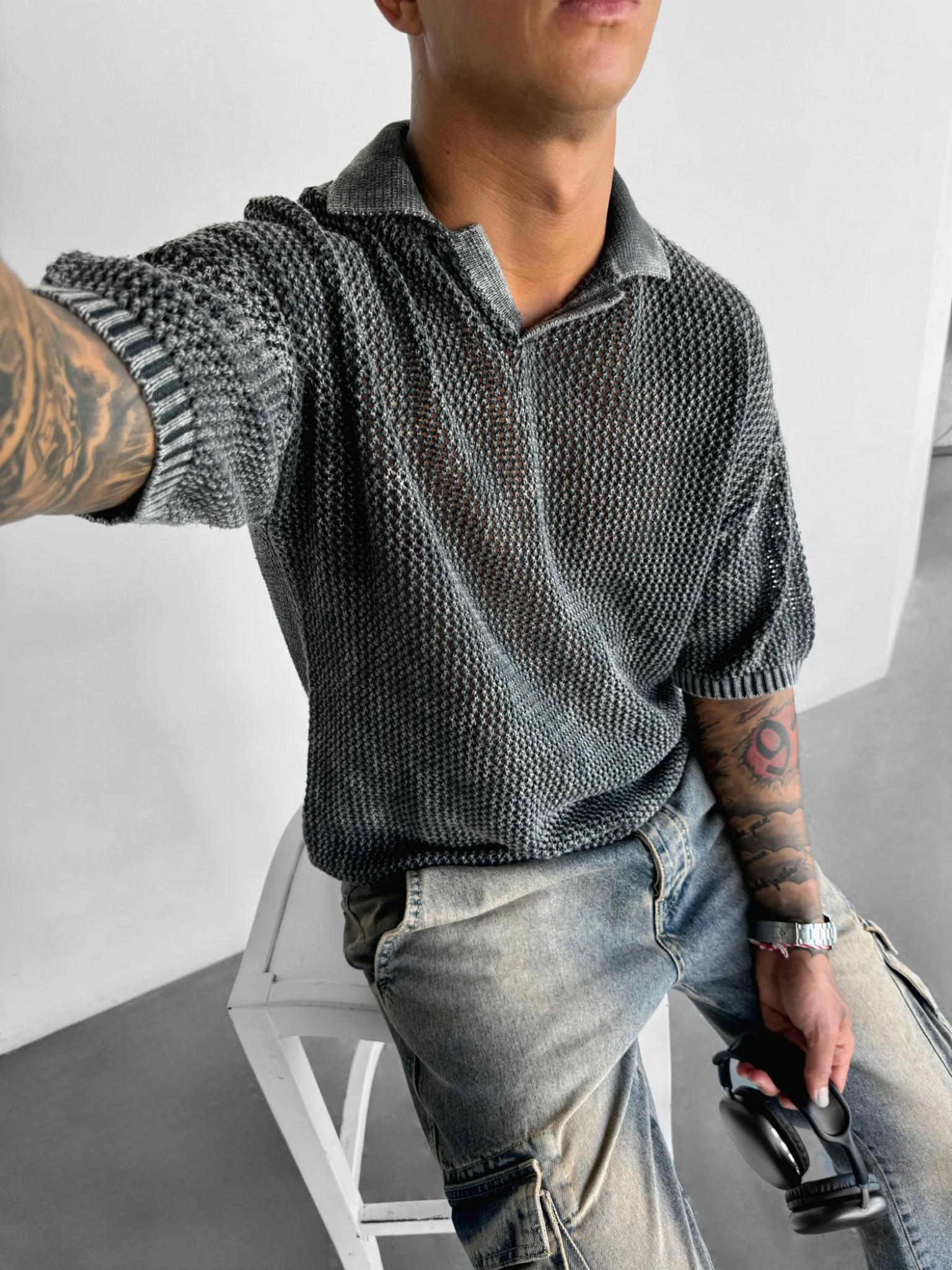 Regular Fit Knit Grid T-shirt - Stormy Weather