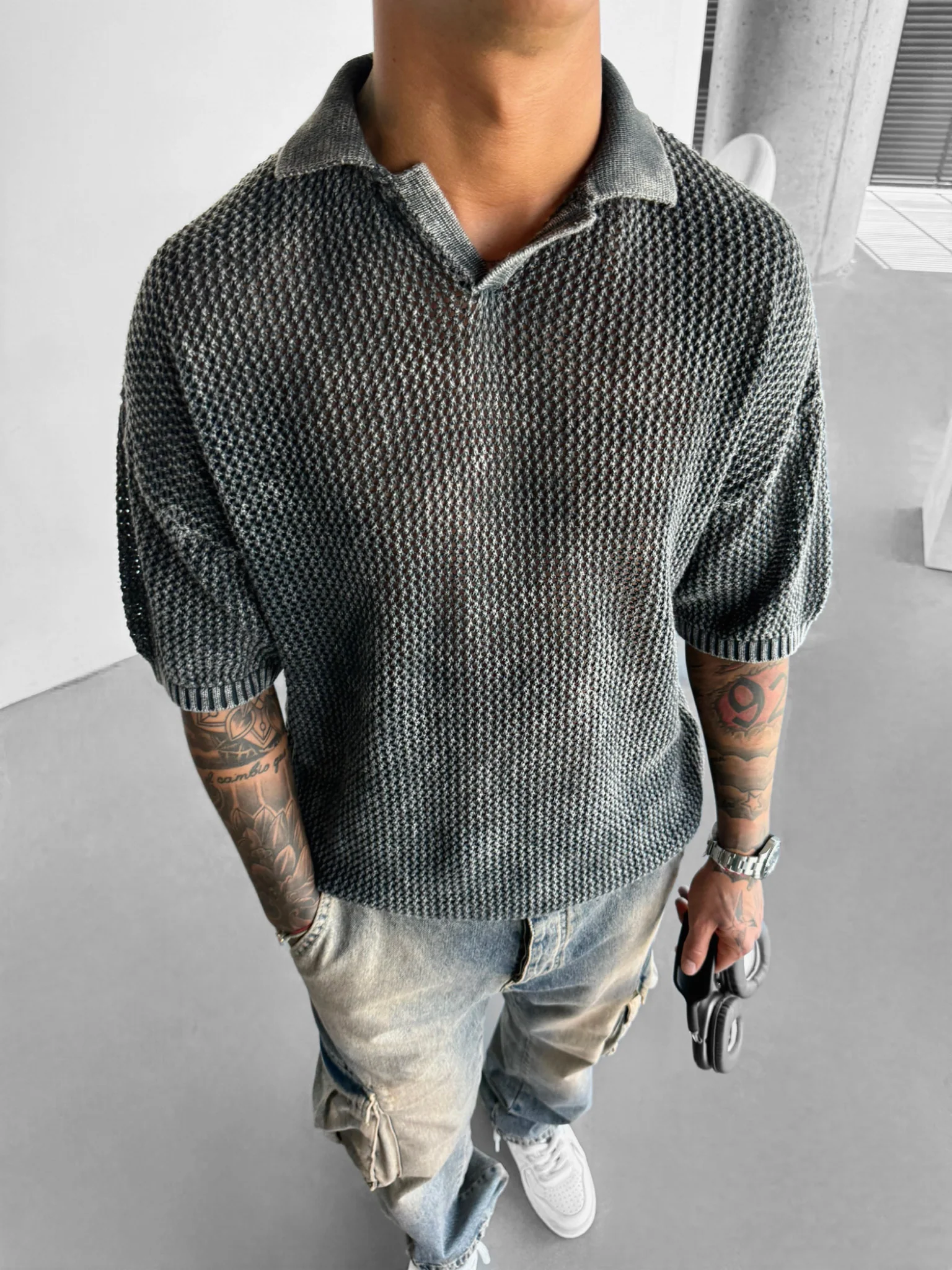 Regular Fit Knit Grid T-shirt - Stormy Weather - Image 4