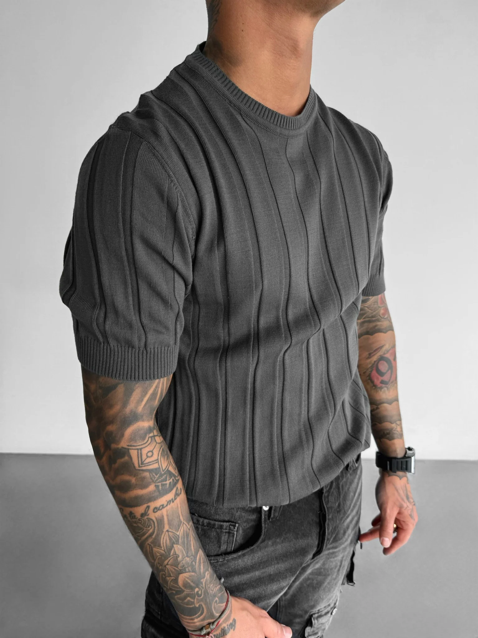 Regular Fit Knit Lines T-shirt - Anthracite - Image 2