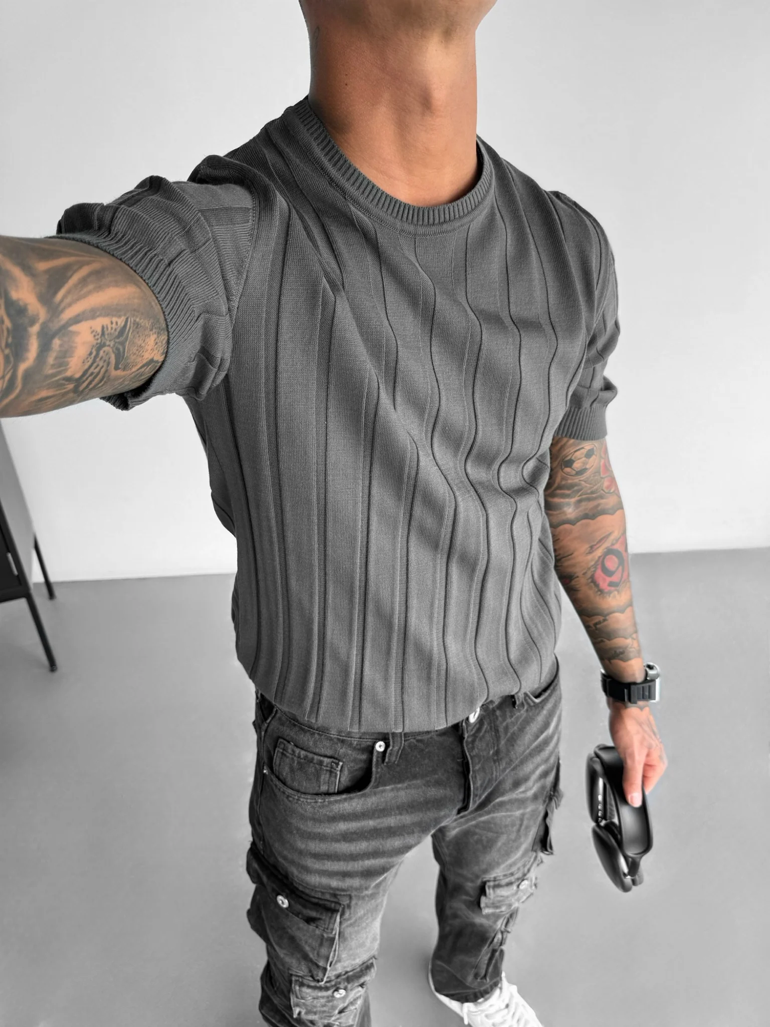 Regular Fit Knit Lines T-shirt - Anthracite - Image 3