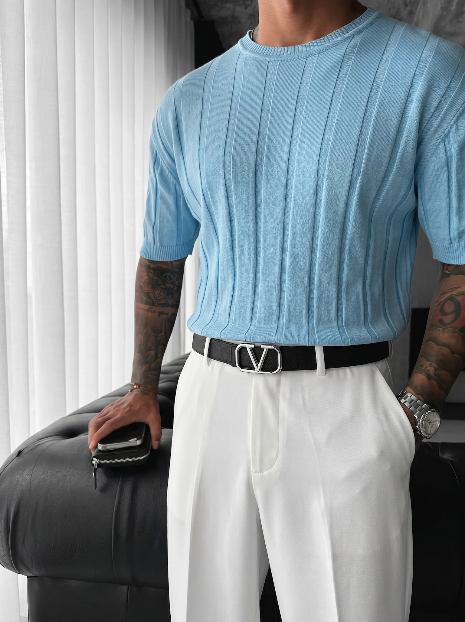 Regular Fit Knit Lines T-shirt - Babyblue
