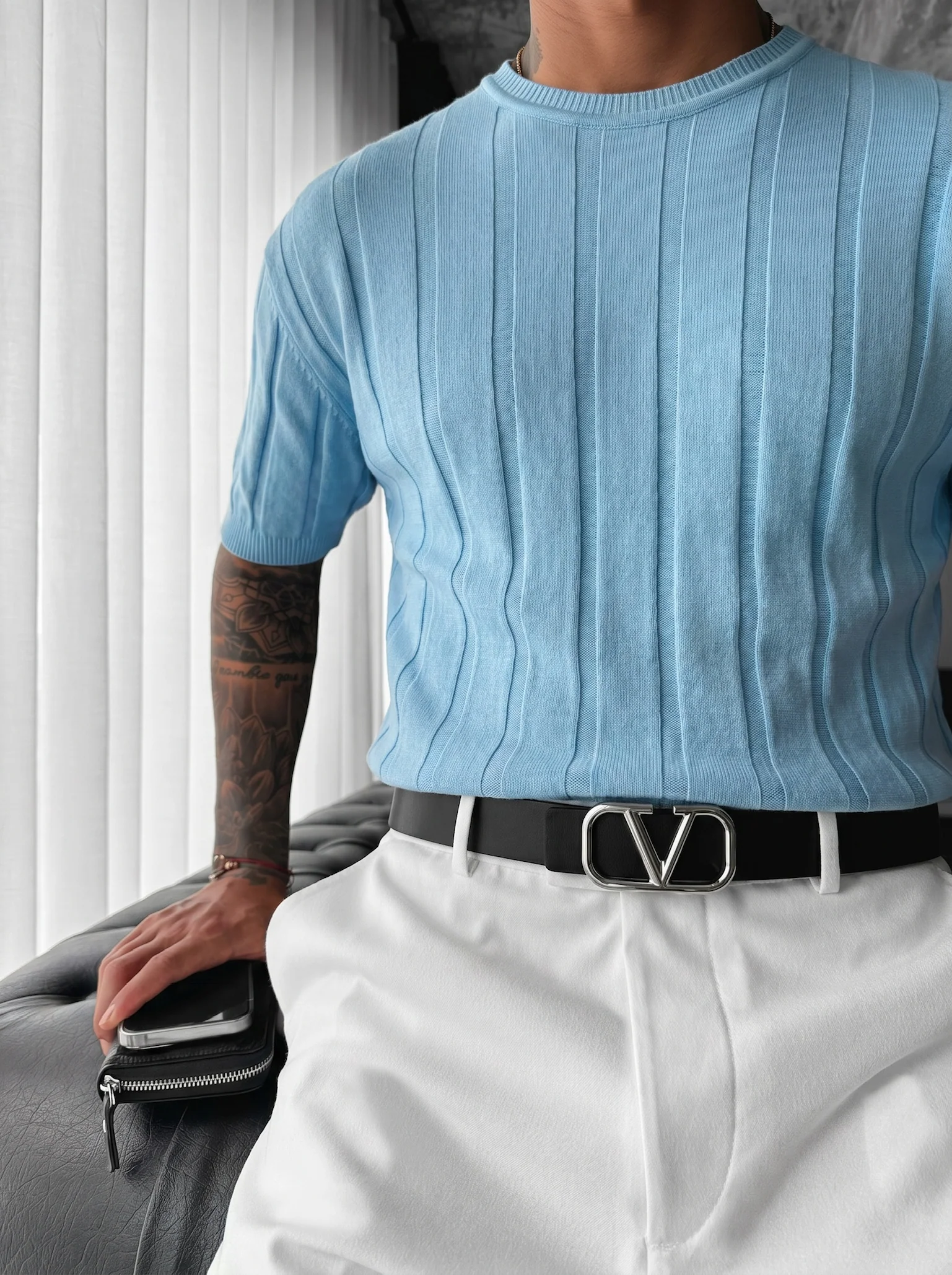Regular Fit Knit Lines T-shirt - Babyblue - Image 2