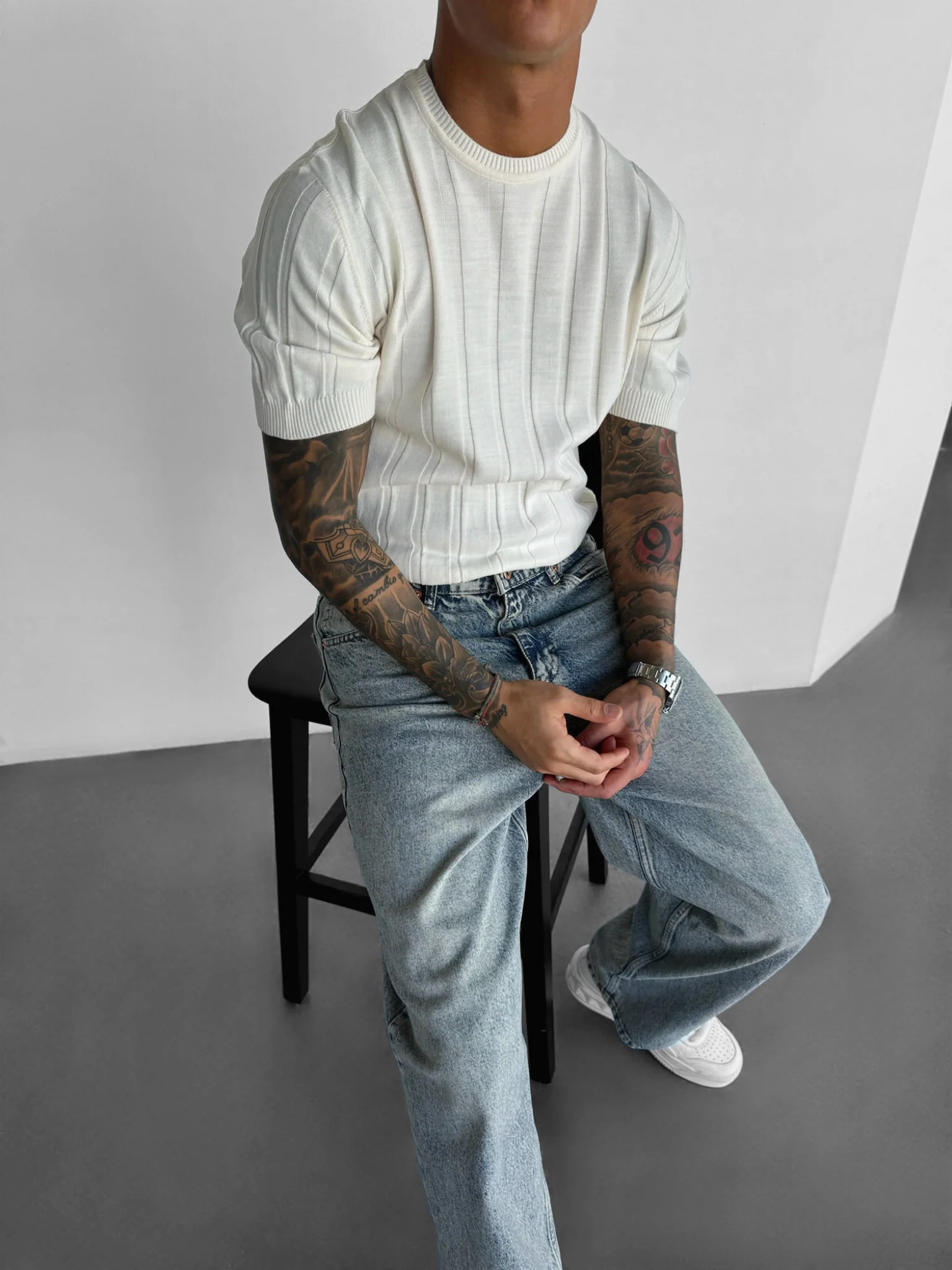 Regular Fit Knit Lines T-shirt - Creme - Image 2