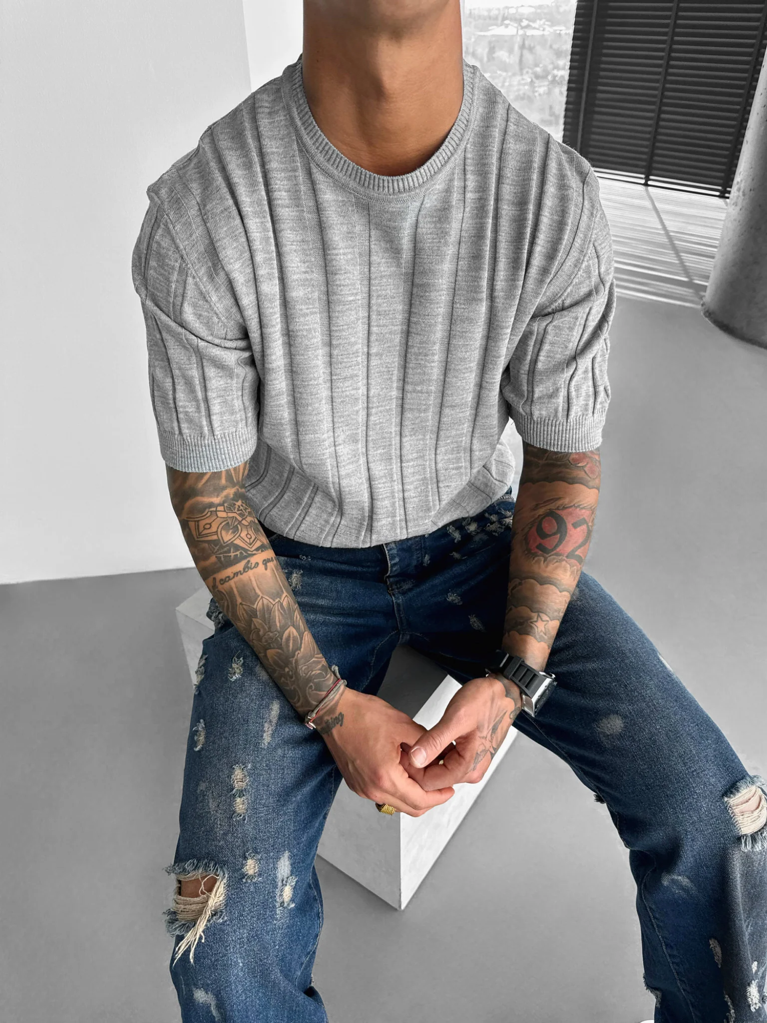 Regular Fit Knit Lines T-shirt - Grey - Image 2