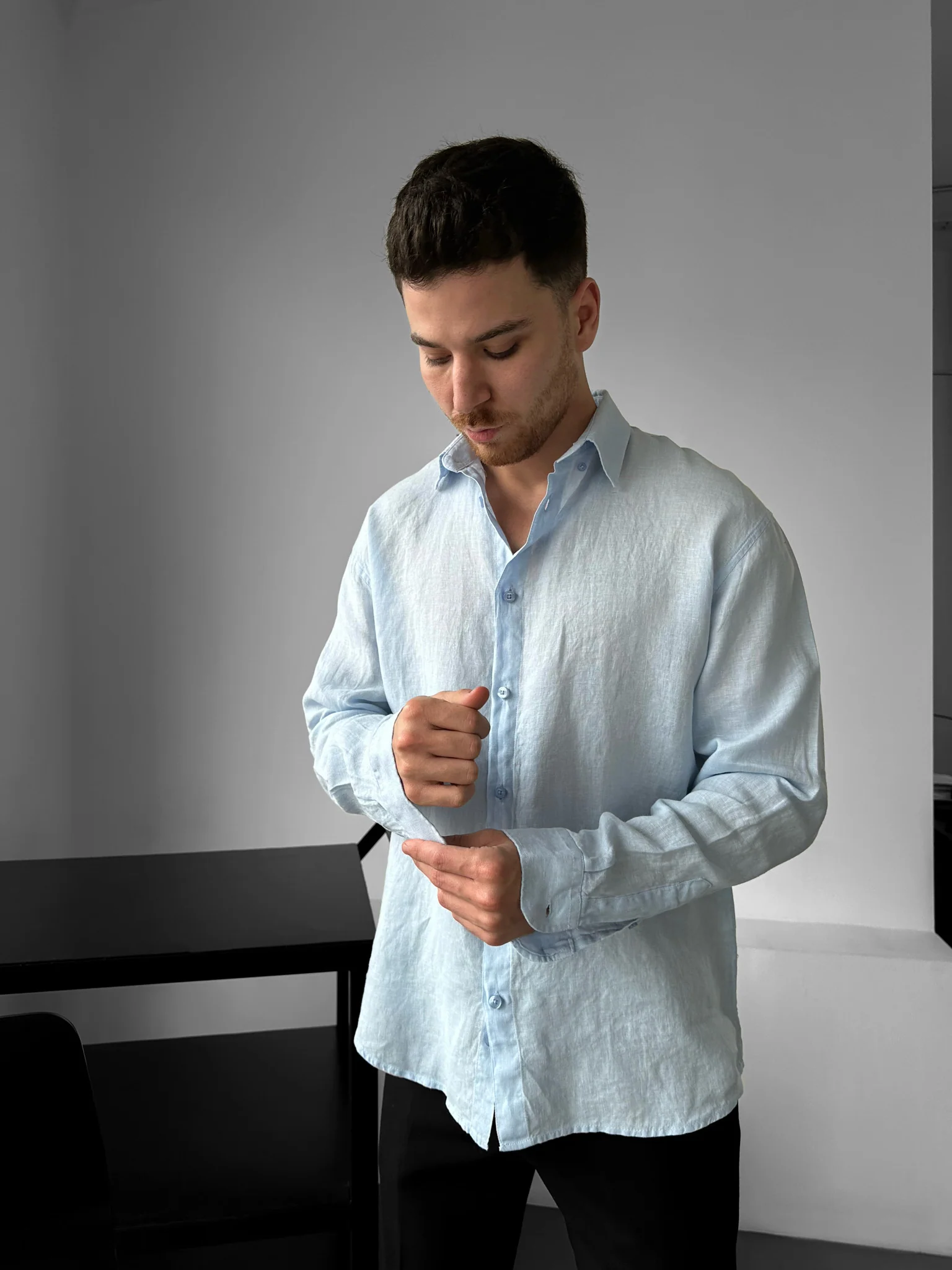 Regular Fit Long Arm Linen Shirt - Blue