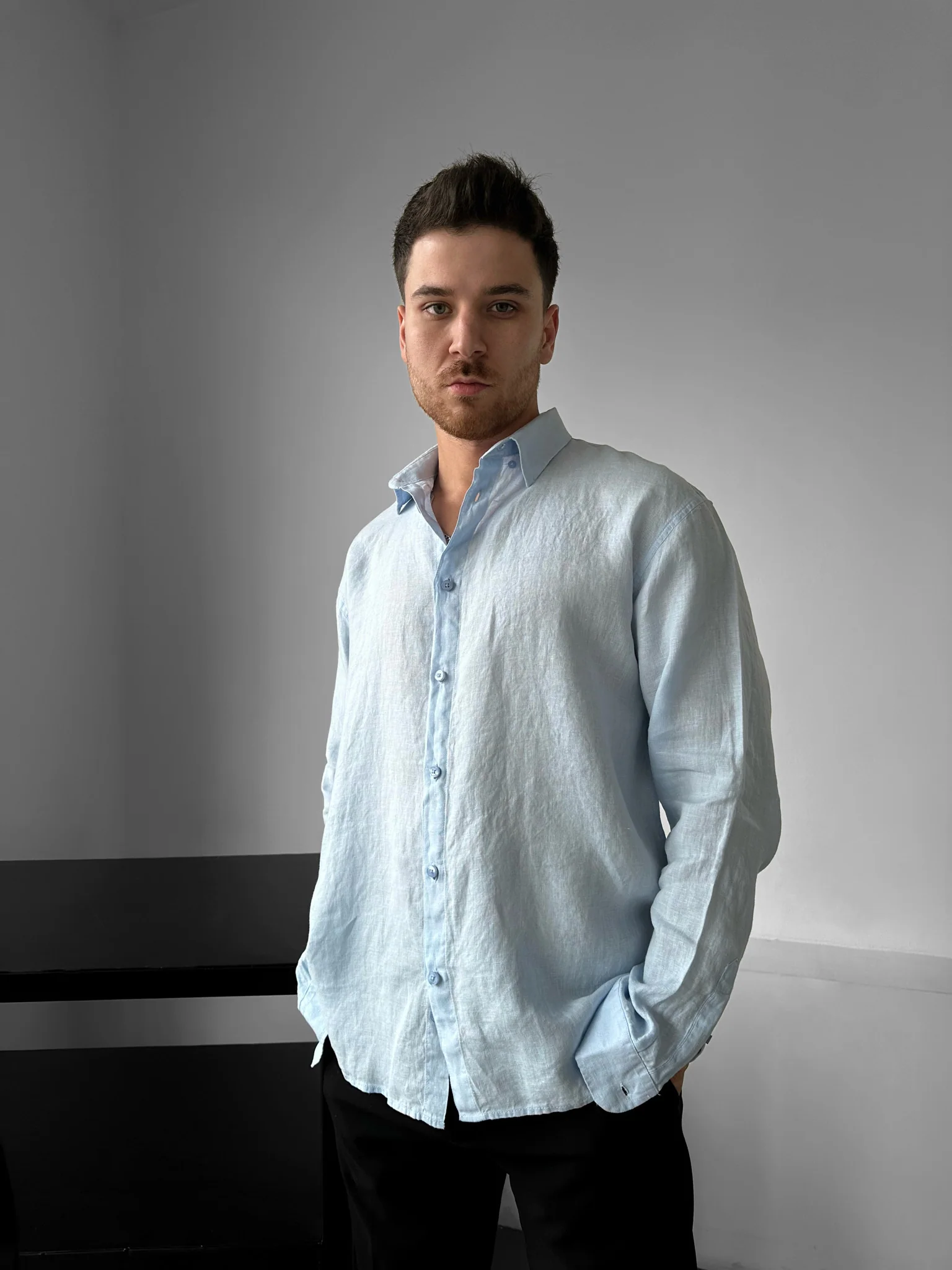 Regular Fit Long Arm Linen Shirt - Blue - Image 3