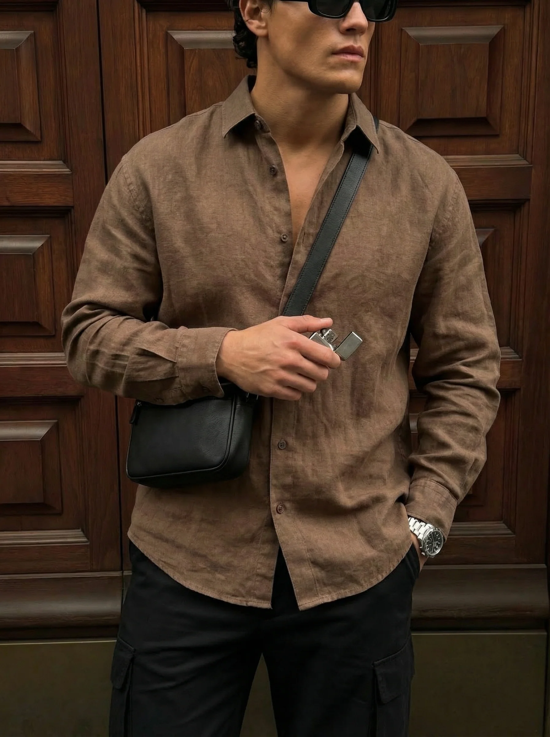 Regular Fit Long Arm Linen Shirt - Brown - Image 2