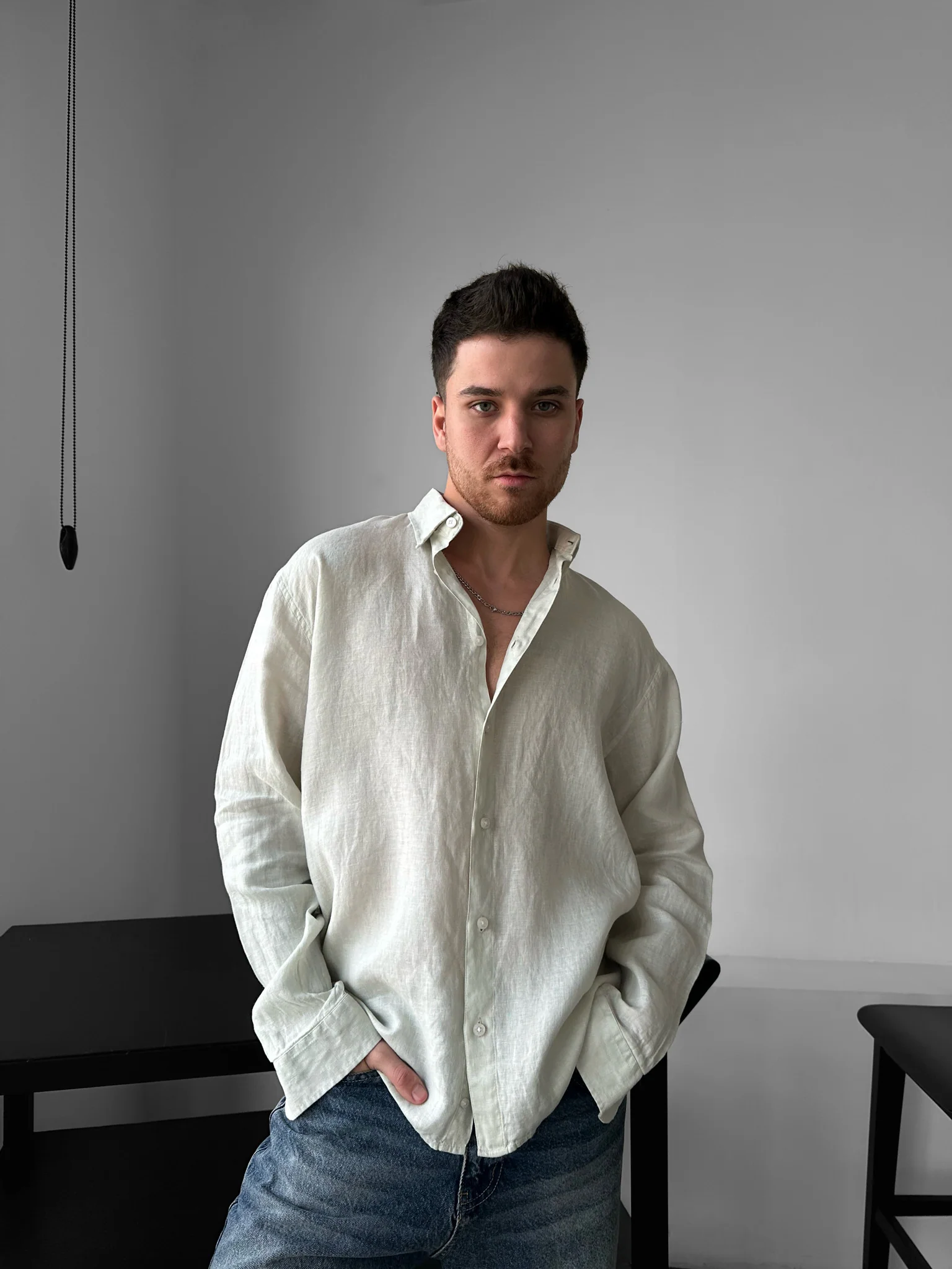Regular Fit Long Arm Linen Shirt - Ecru