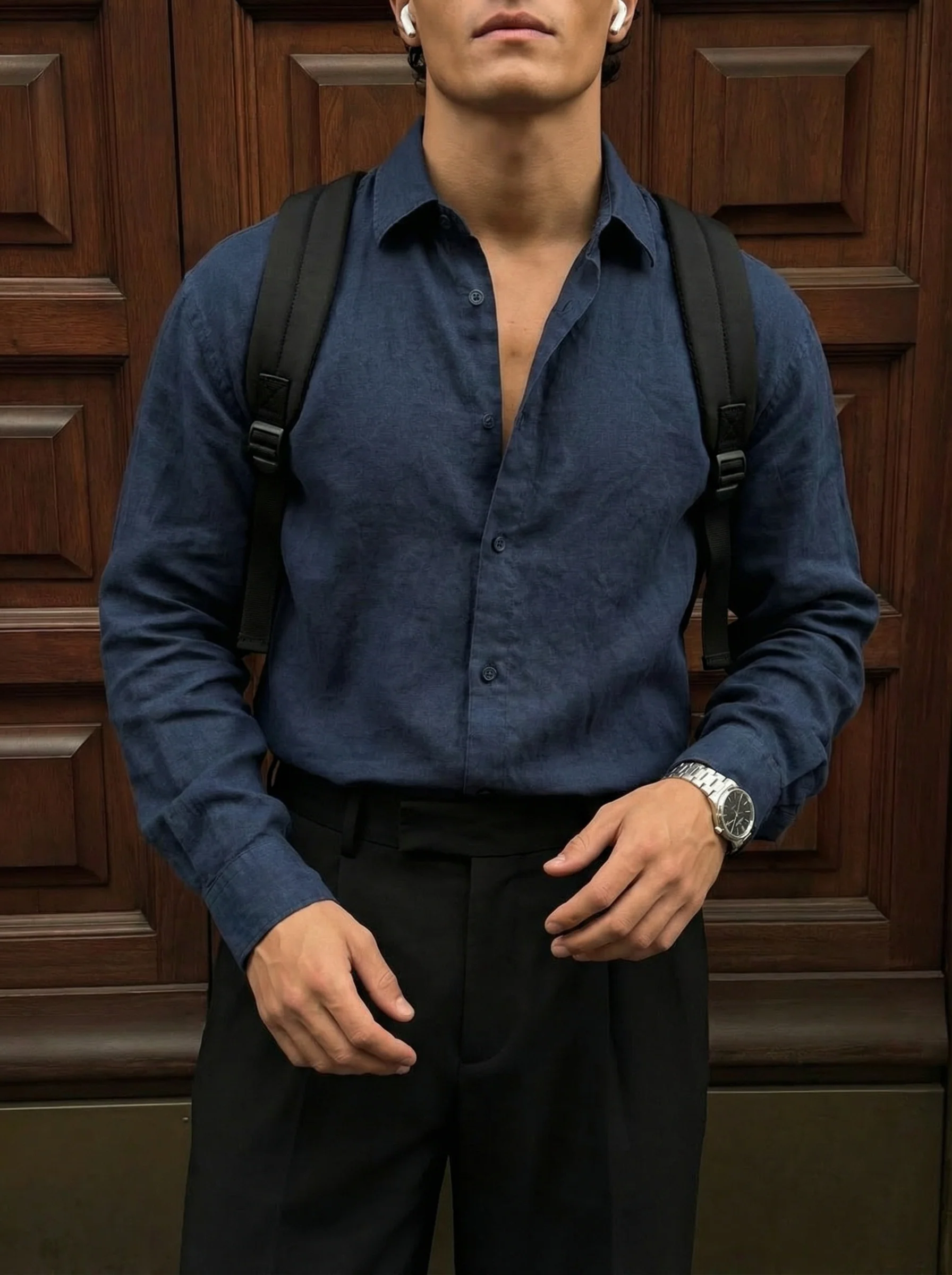 Regular Fit Long Arm Linen Shirt - Navy Blue