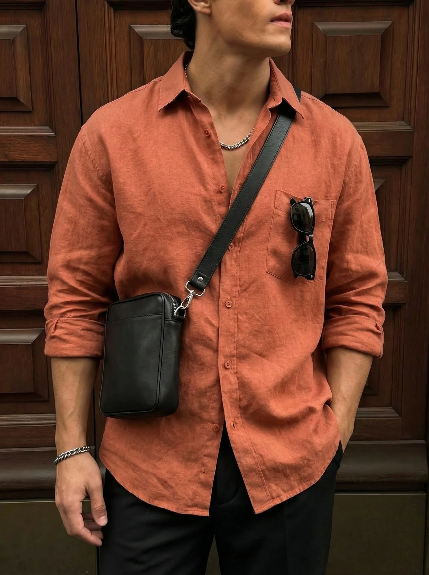 Regular Fit Long Arm Linen Shirt - Terracotta