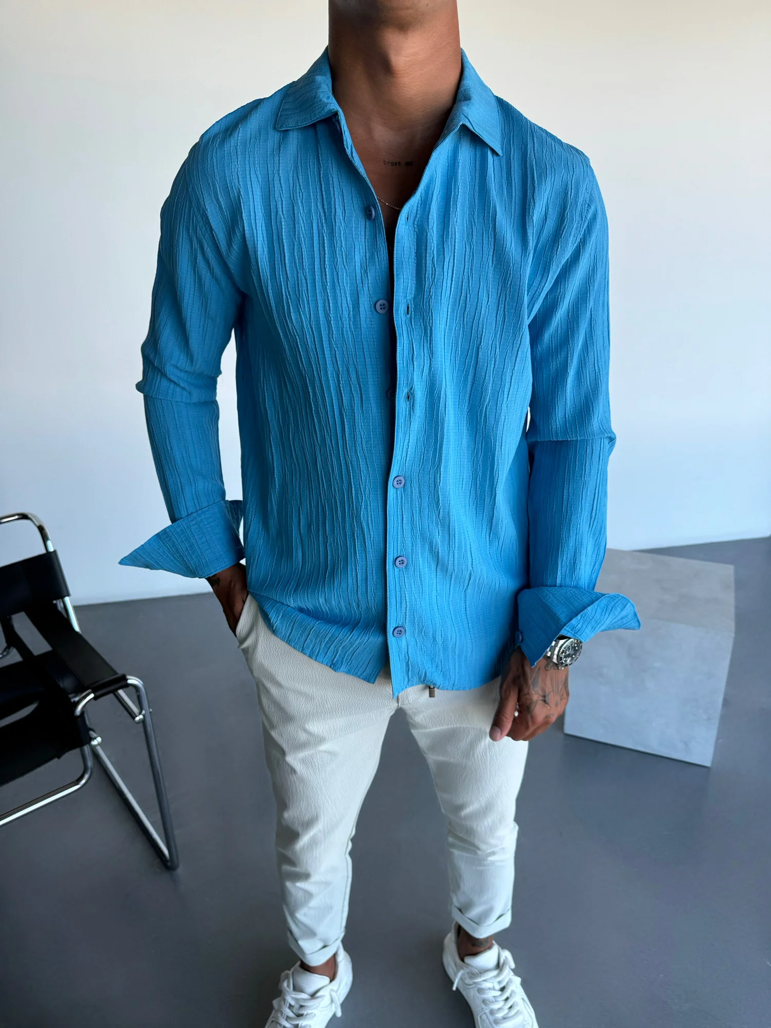 Regular Fit Pleated Shirt - Blue - Image 3