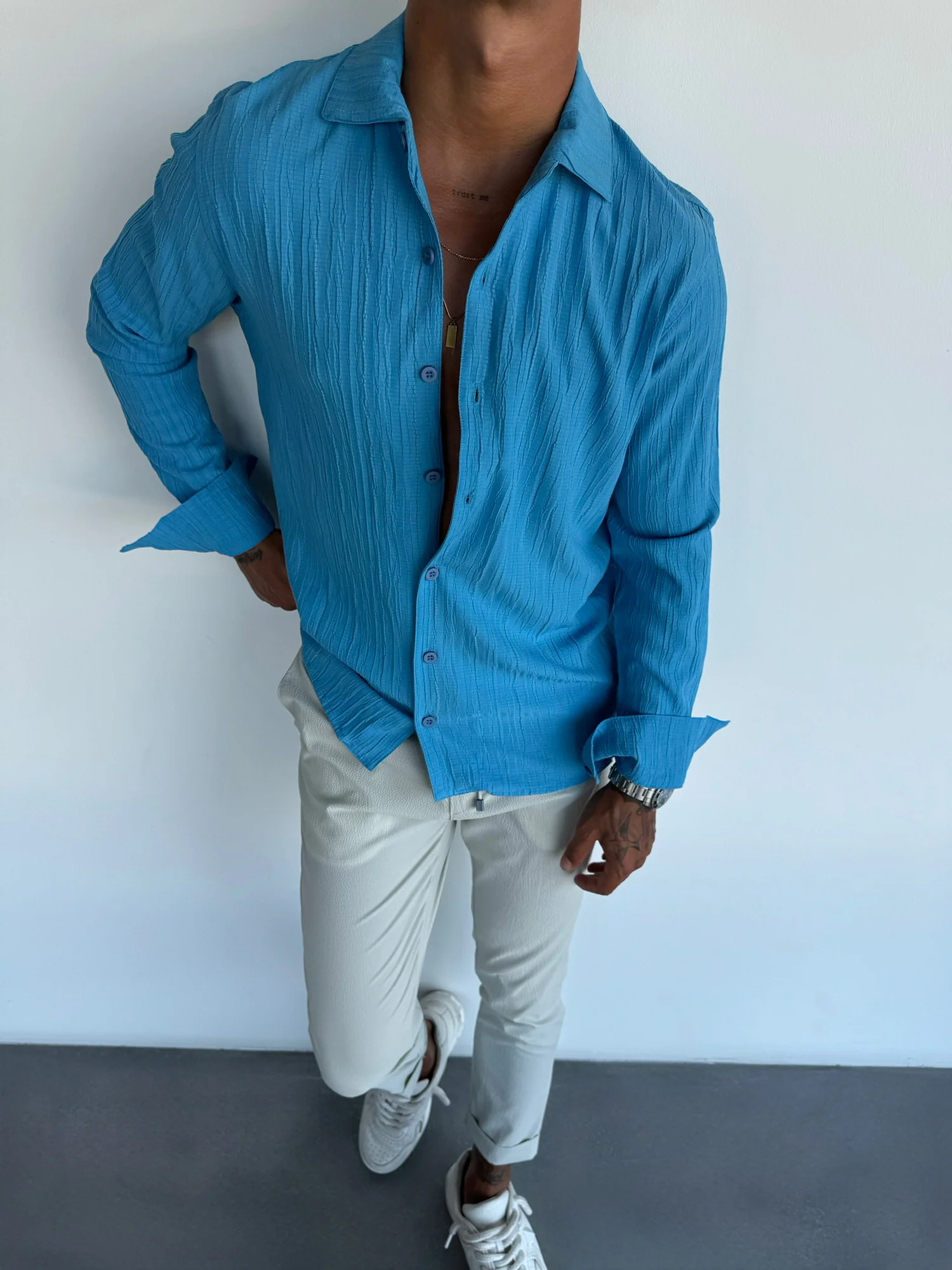 Regular Fit Pleated Shirt - Blue - Image 5