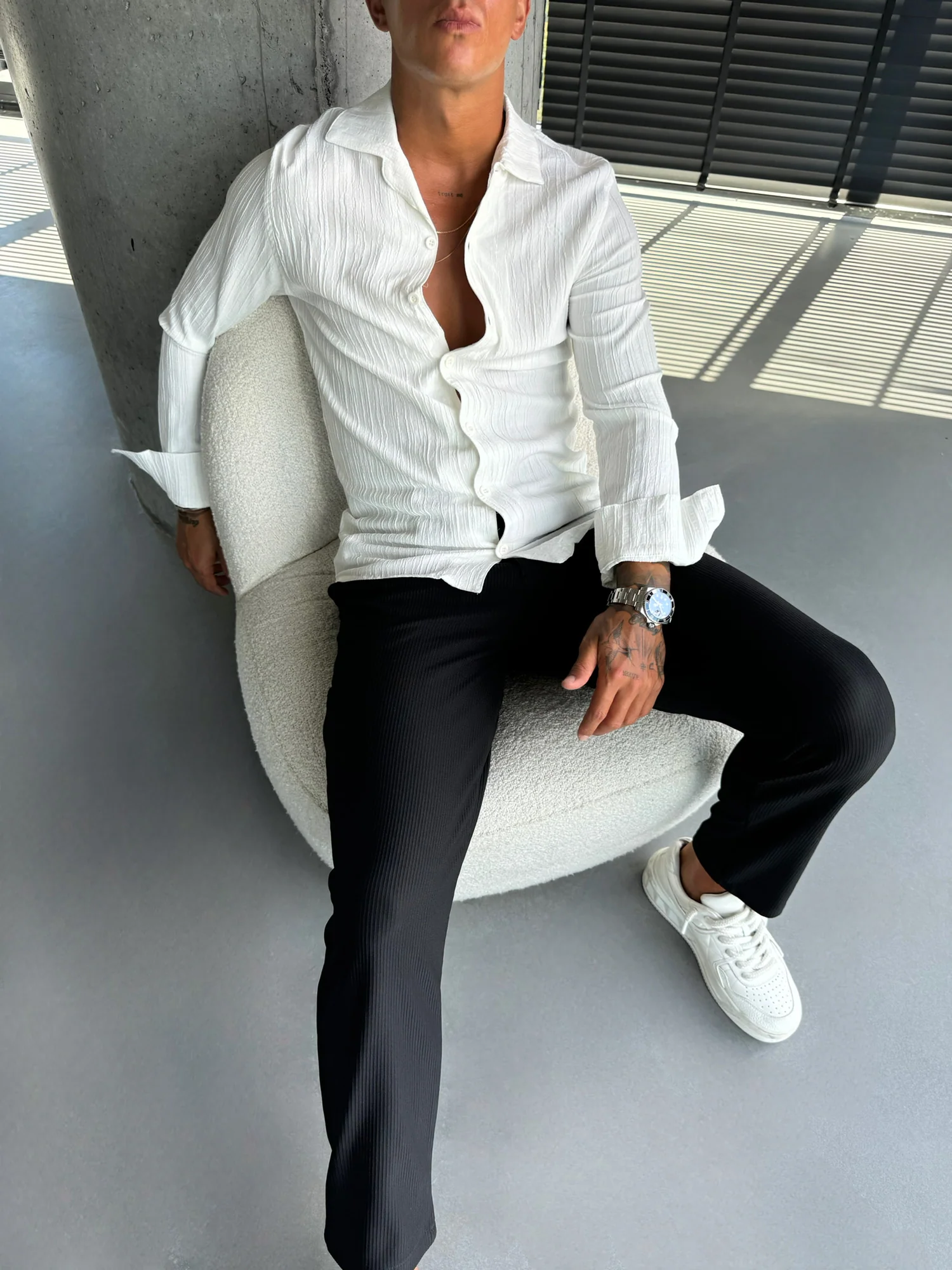 Regular Fit Pleated Shirt - Ecru - Image 3