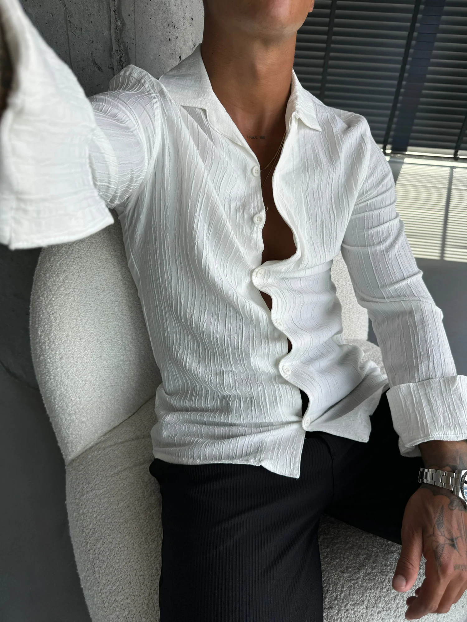Regular Fit Pleated Shirt - Ecru - Image 4