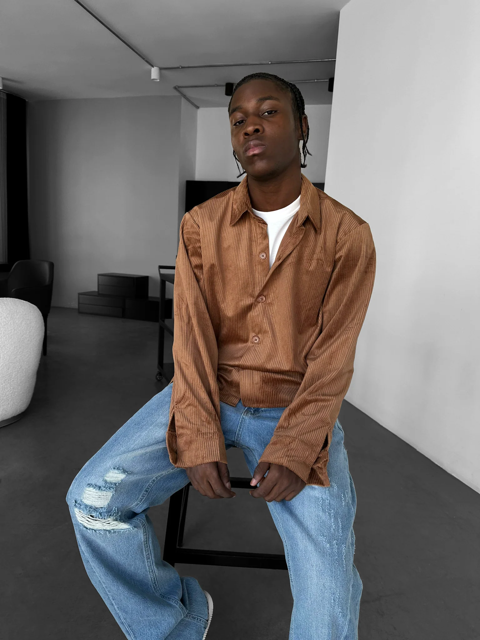 Regular Fit Velvet Shirt - Camel - Image 3