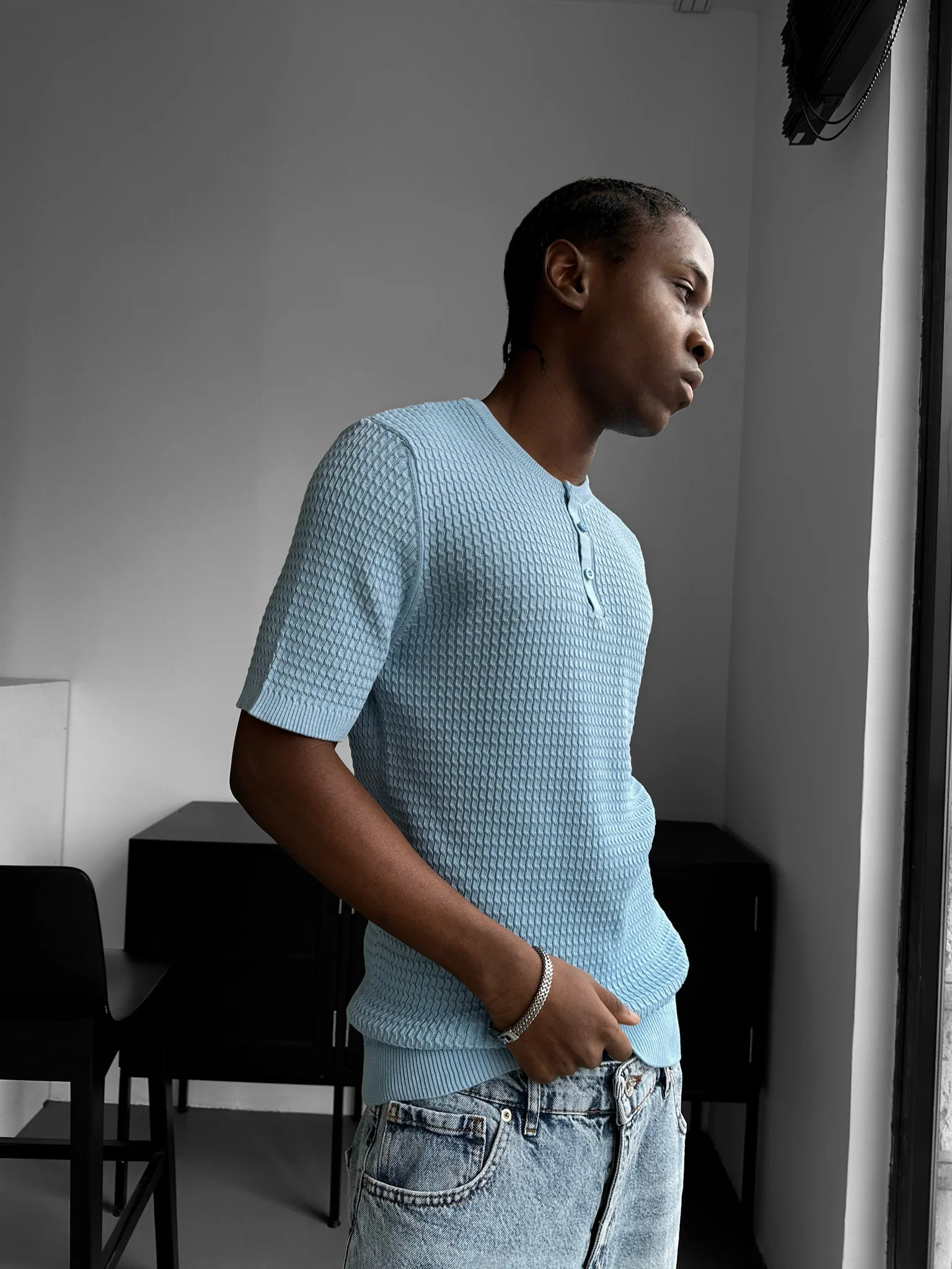 Regular Fit Waffle Button T-shirt - Babyblue - Image 3