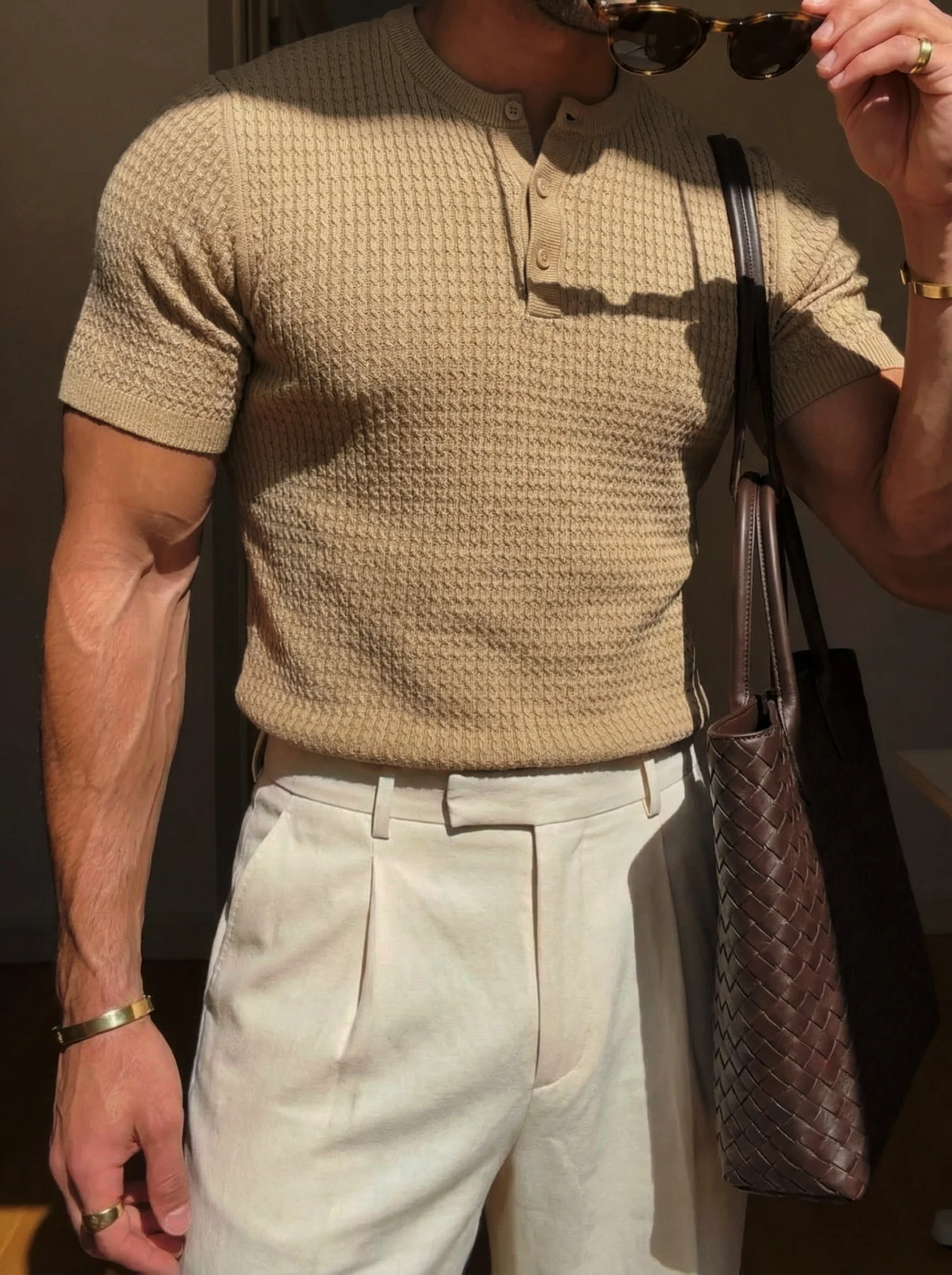 Regular Fit Waffle Button T-shirt - Camel - Image 2