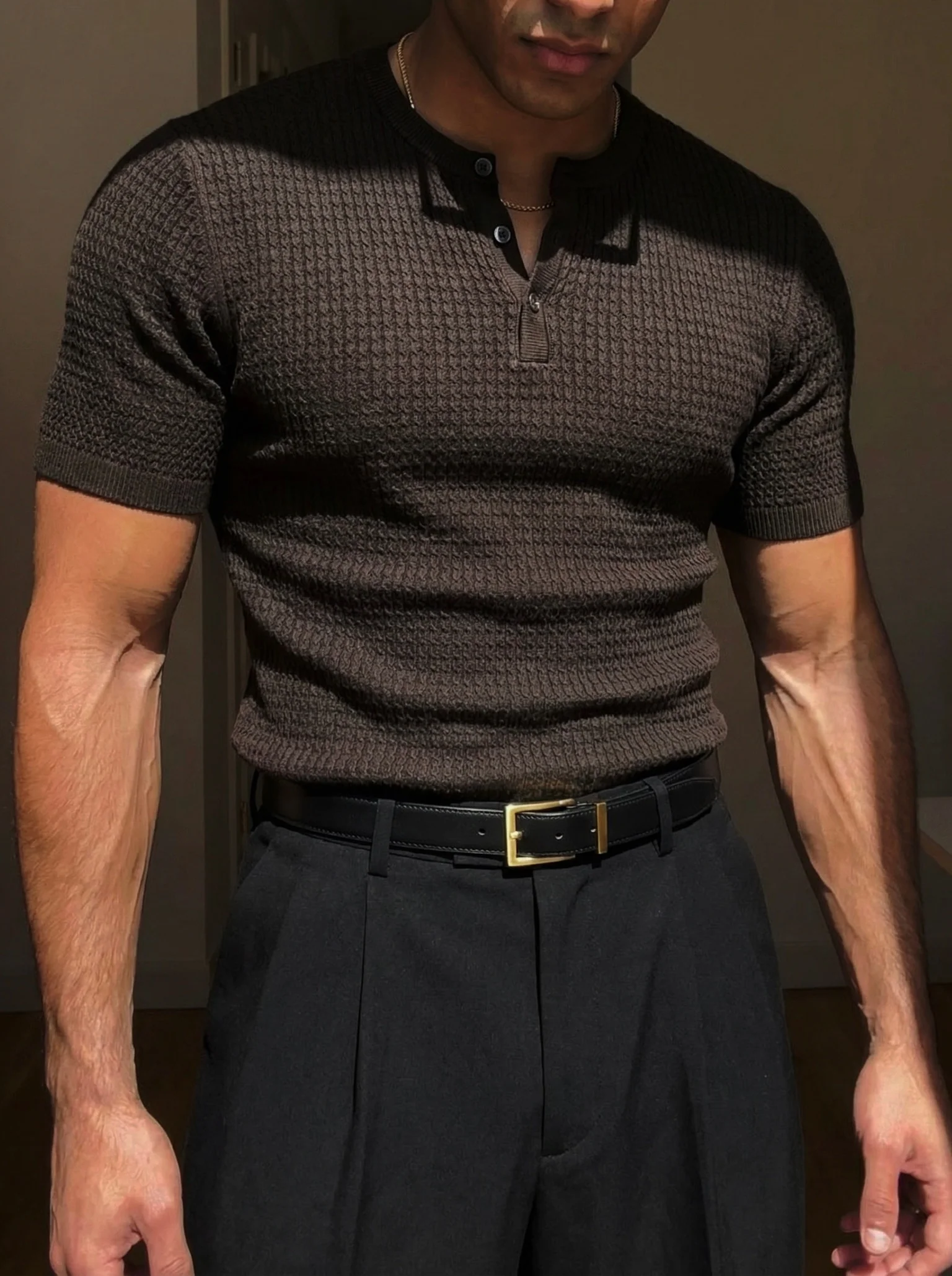 Regular Fit Waffle Button T-shirt - Dark Brown
