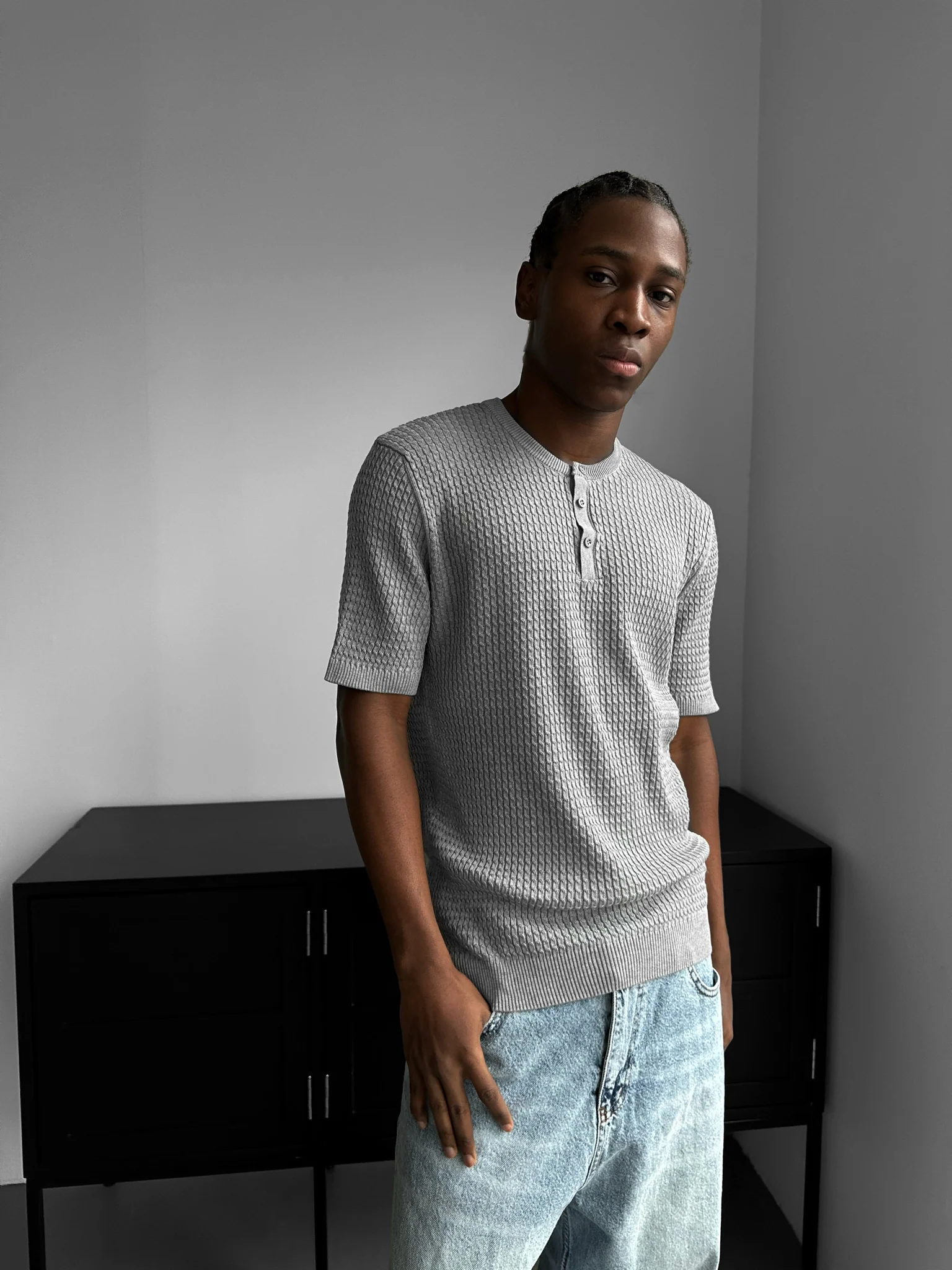 Regular Fit Waffle Button T-shirt - Grey - Image 2