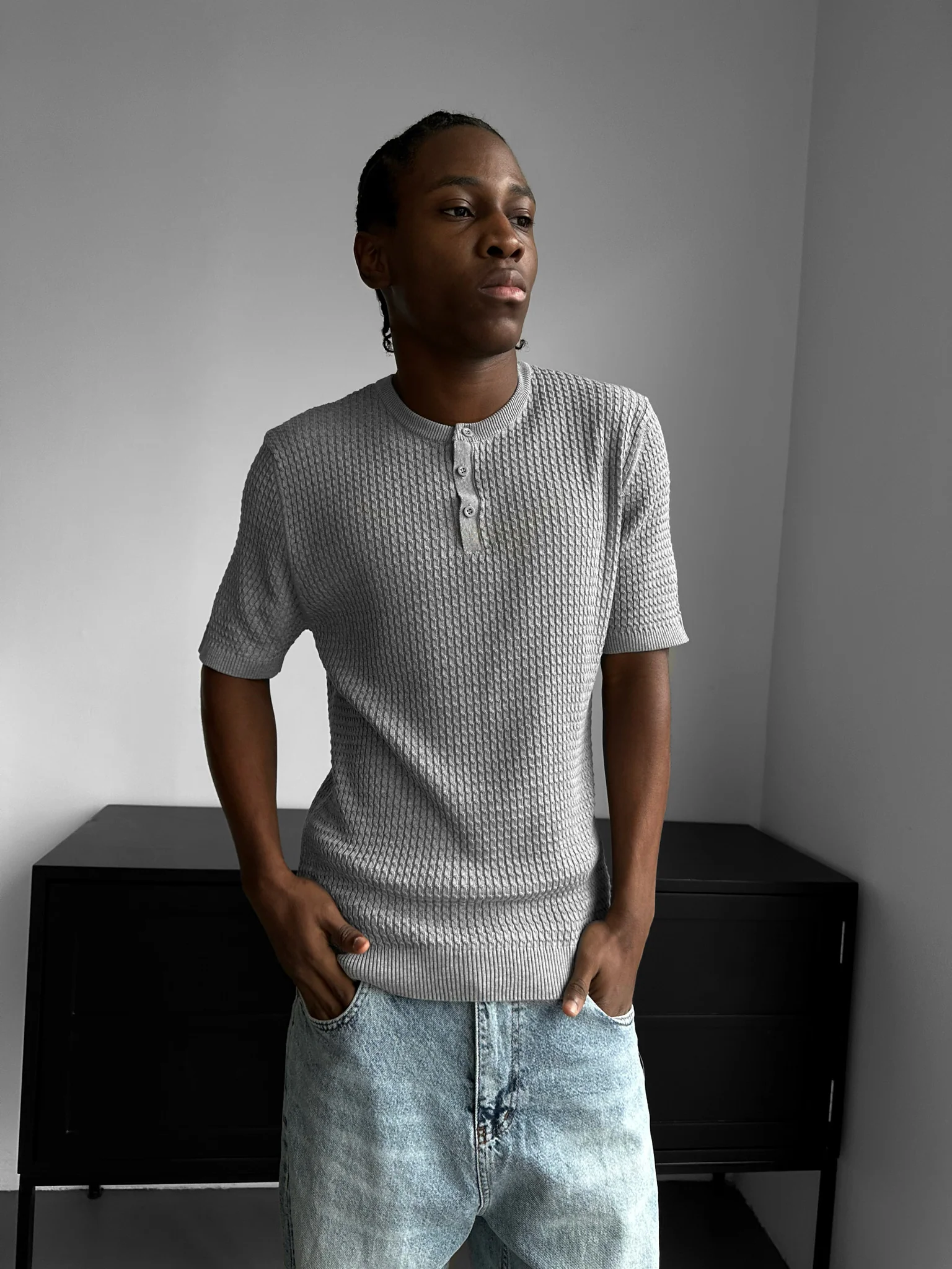 Regular Fit Waffle Button T-shirt - Grey - Image 3