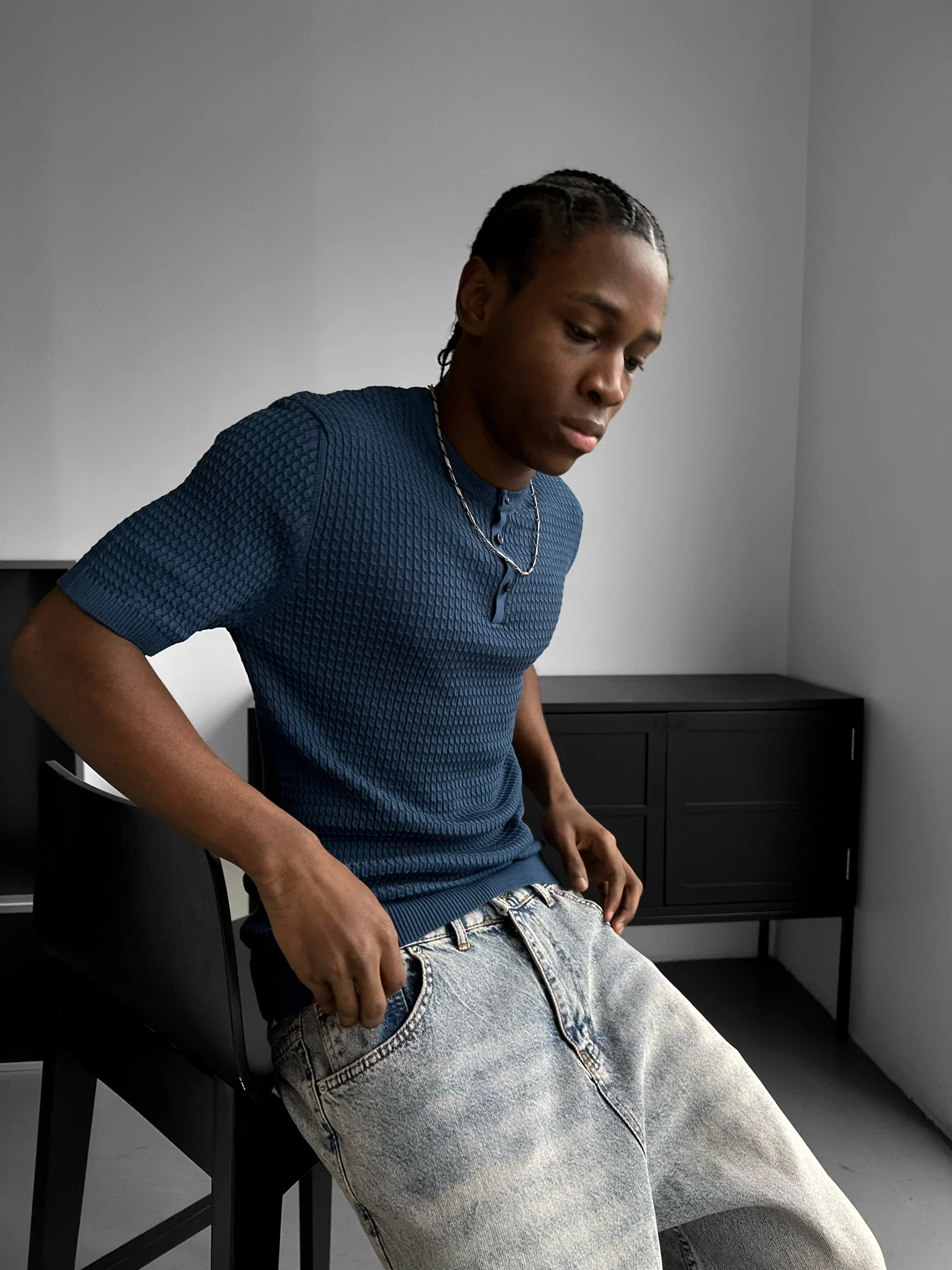 Regular Fit Waffle Button T-shirt - Indigo - Image 2