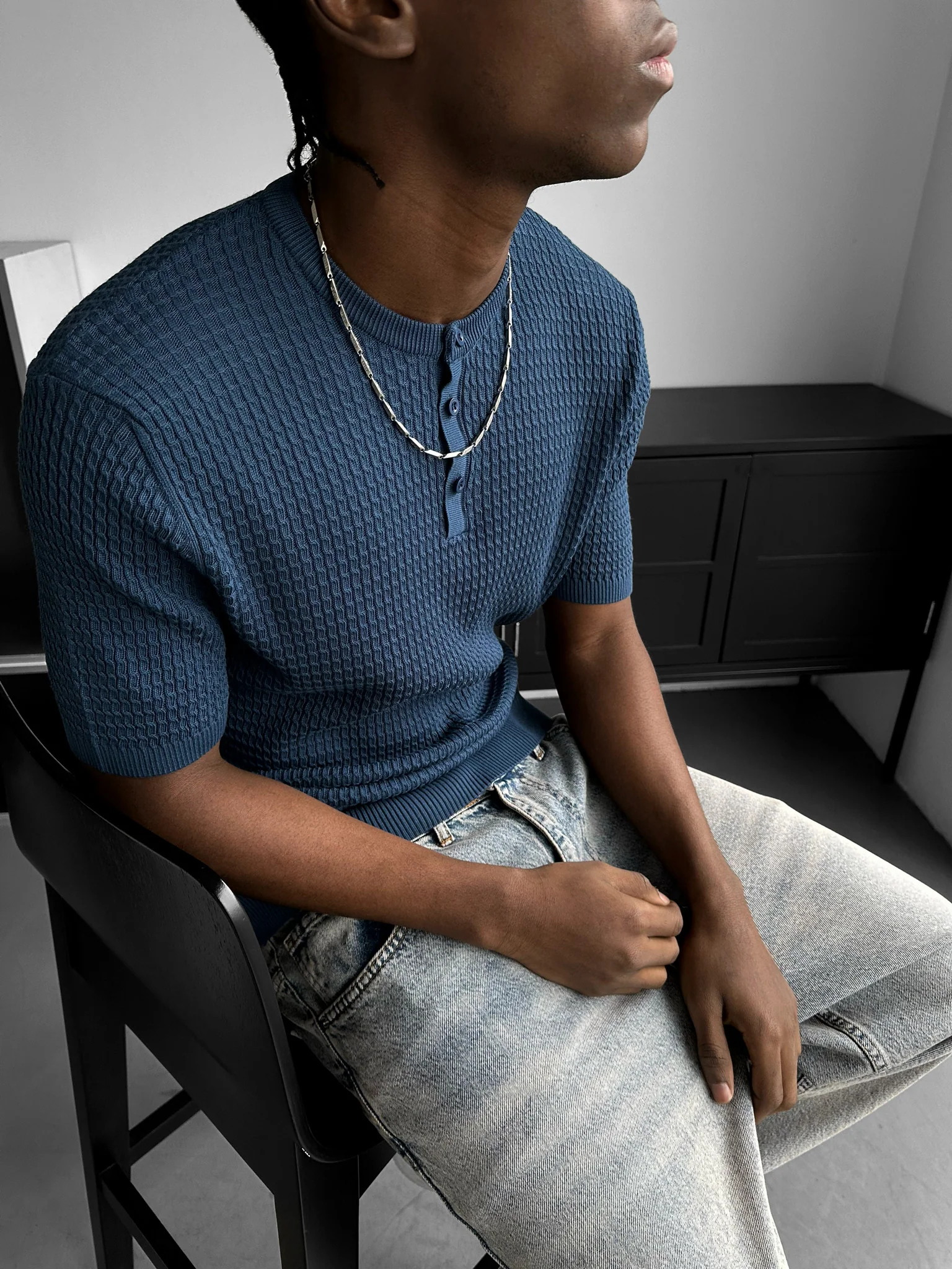 Regular Fit Waffle Button T-shirt - Indigo - Image 3