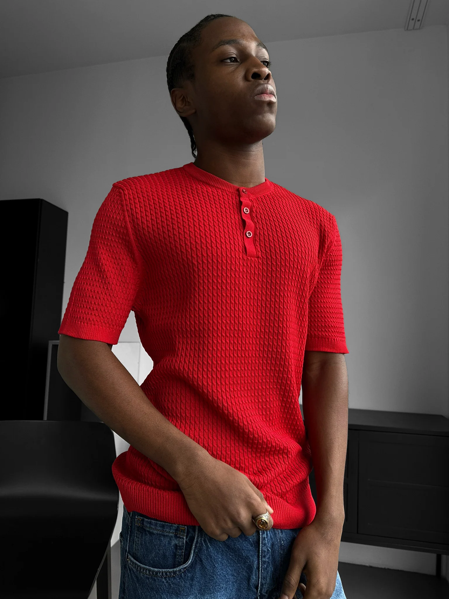 Regular Fit Waffle Button T-shirt - Red - Image 2