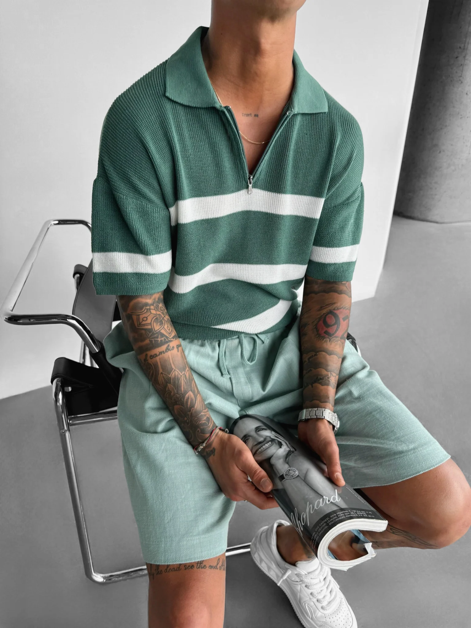 Regular Knit Zipper T-shirt - Petrol - Image 6