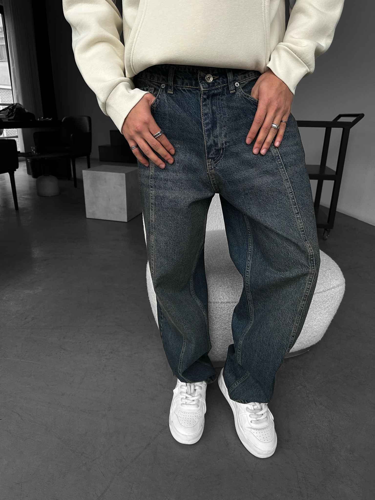 Relax Baggy Front Line Fit Jeans - Dark Blue