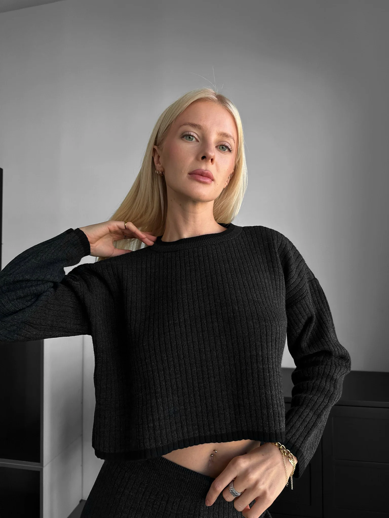 Short Details Knit Pullover - Anthracite