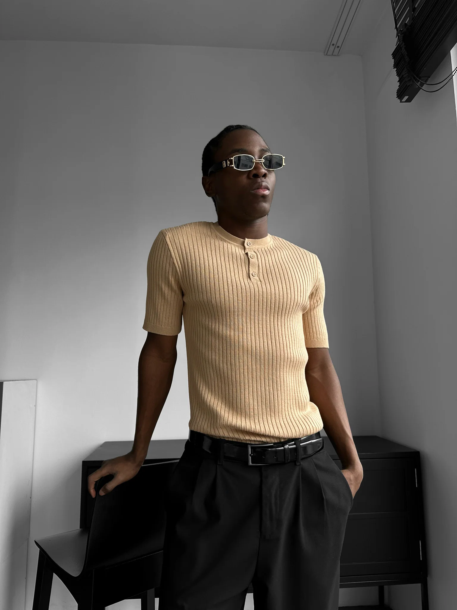 Slim Fit Button Knit T-shirt - Beige - Image 2