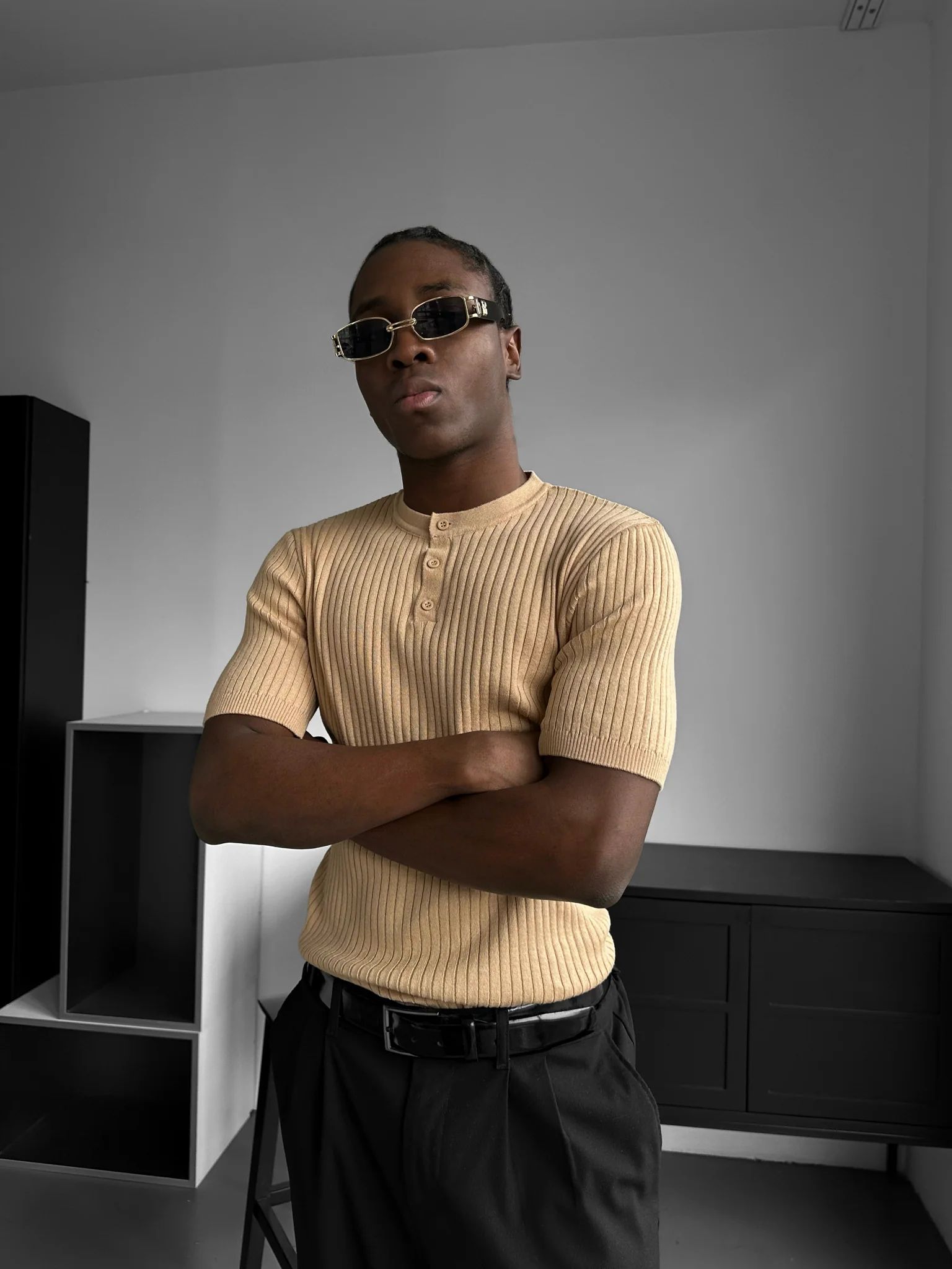 Slim Fit Button Knit T-shirt - Beige - Image 3
